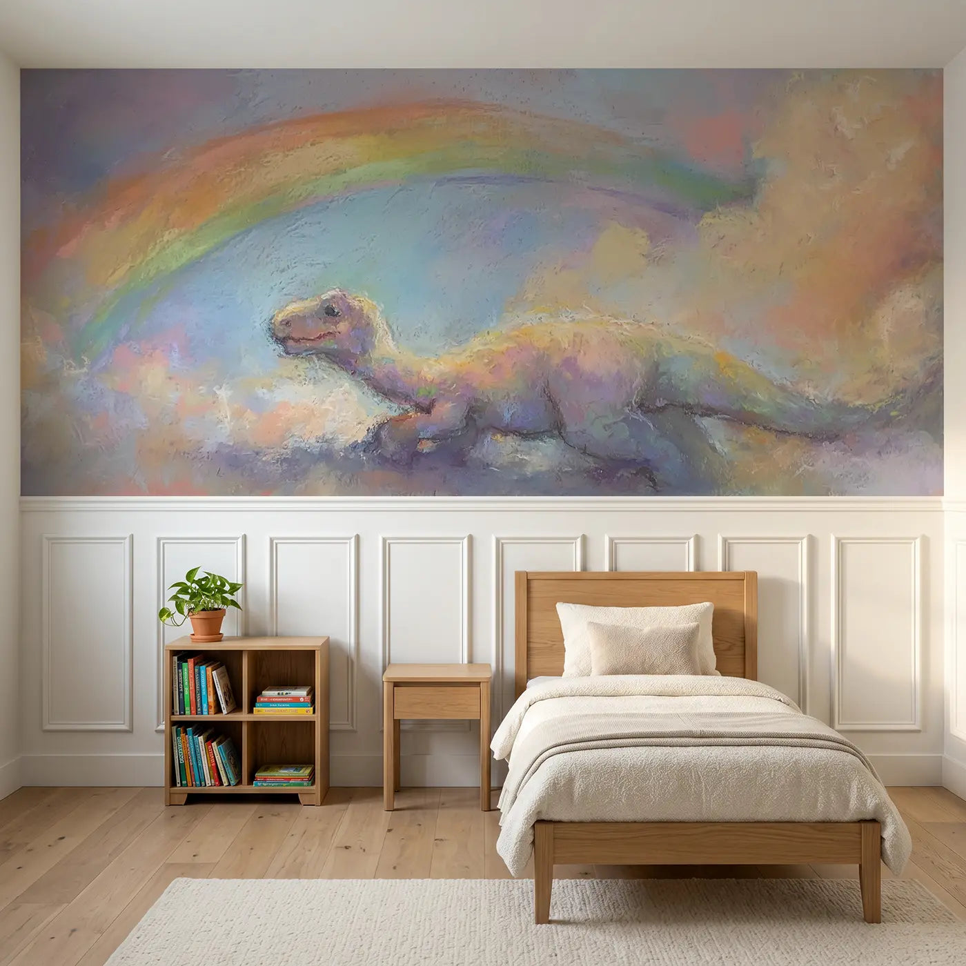 Soft Pastel dino rainbow skip wainscoting wallpaper for nursery by Whimsy Tots.
