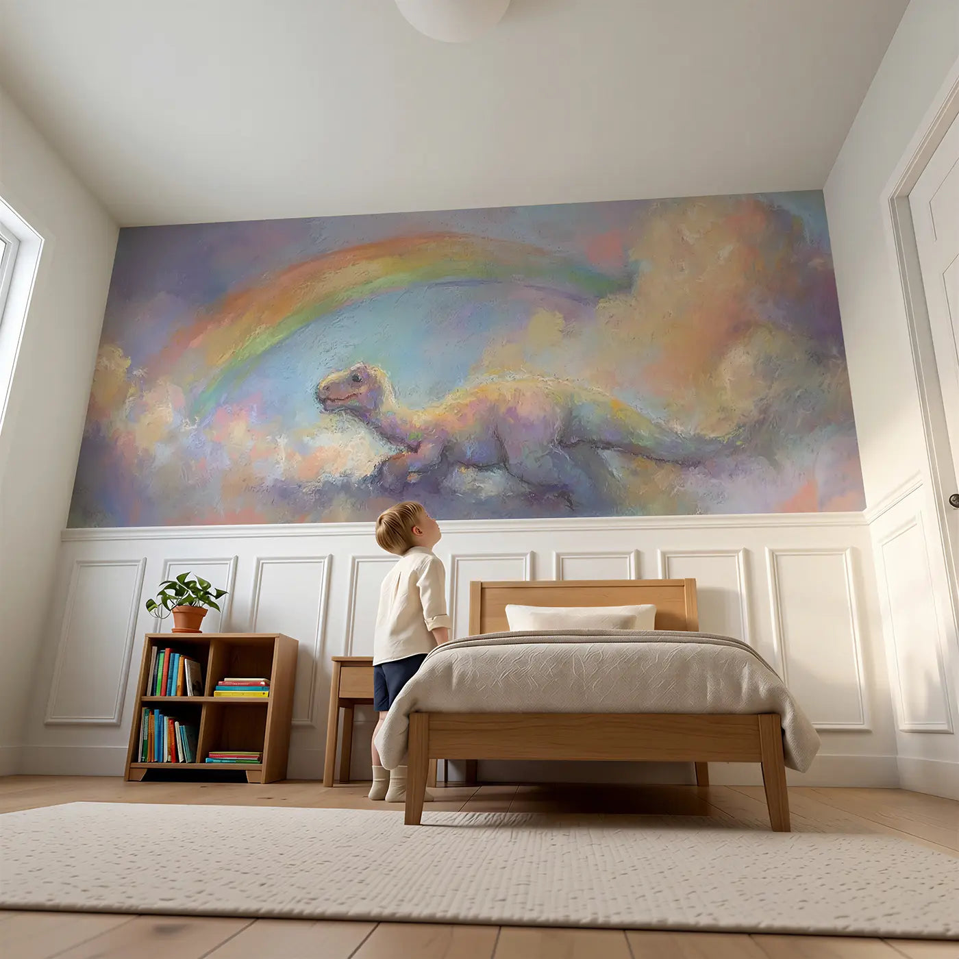 Child reading near Fuzzy Dino Rainbow Skip Wainscoting Wallpaper by Whimsy Tots
