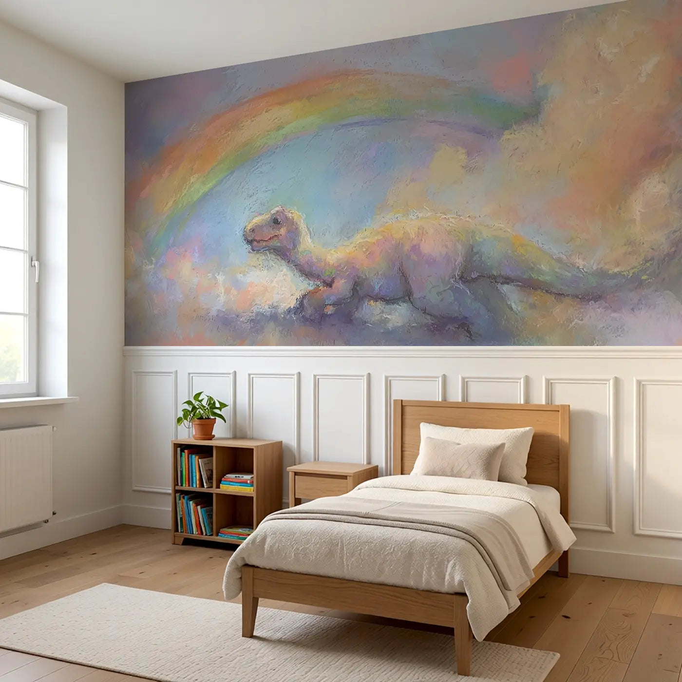 Fuzzy Dino Rainbow Skip Wainscoting Wallpaper styled in a kids bedroom by Whimsy Tots