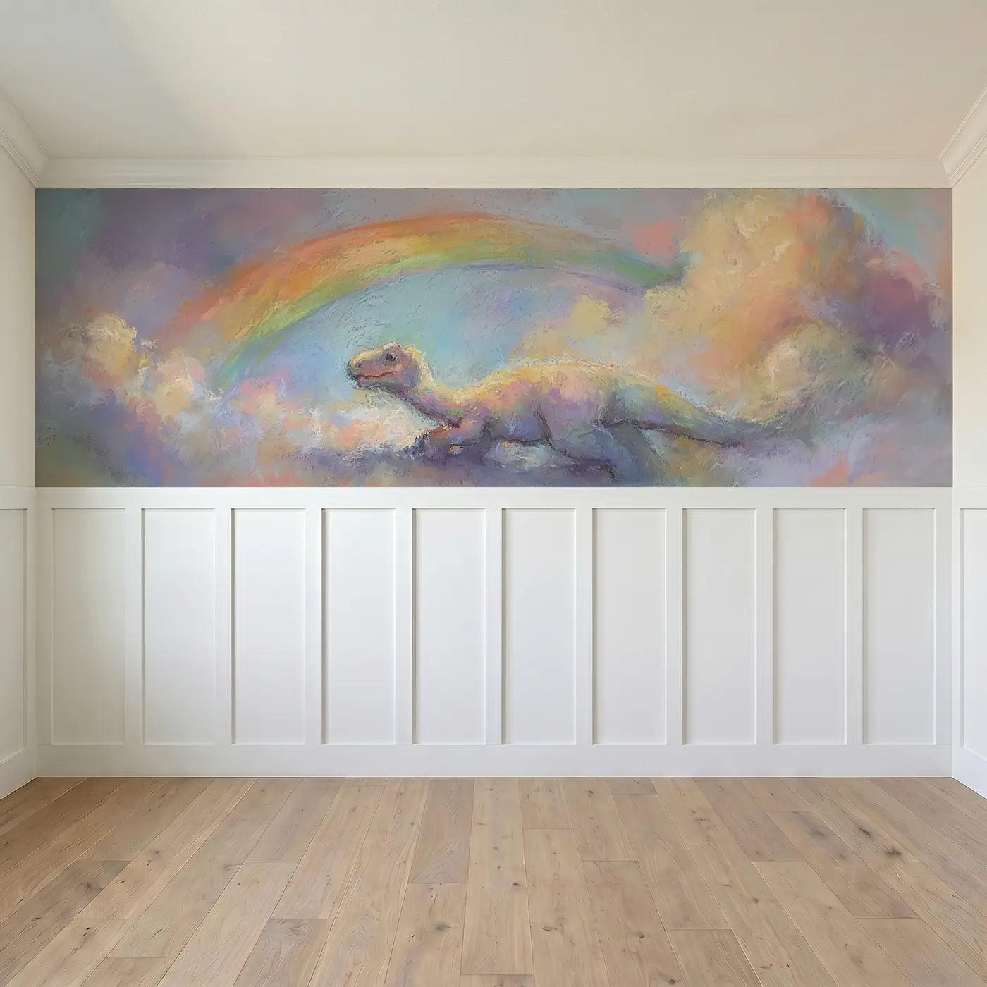 Full panel view of Fuzzy Dino Rainbow Skip Wainscoting Wallpaper by Whimsy Tots