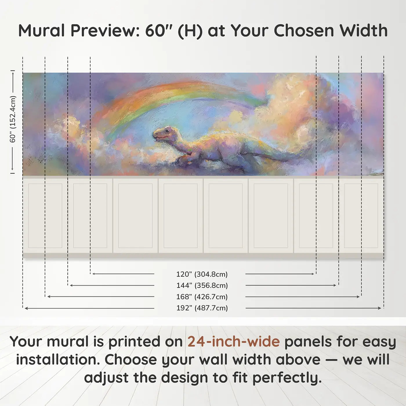 Panel dimensions for Fuzzy Dino Rainbow Skip Wainscoting Wallpaper by Whimsy Tots