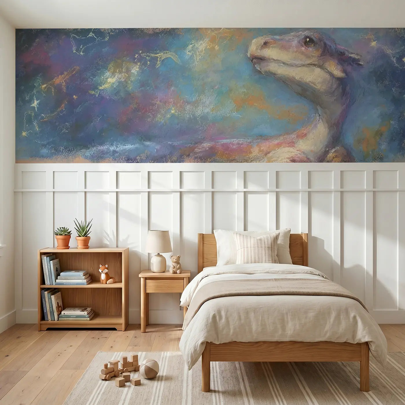 Soft Pastel dino star map night wainscoting wallpaper for bedroom by Whimsy Tots.