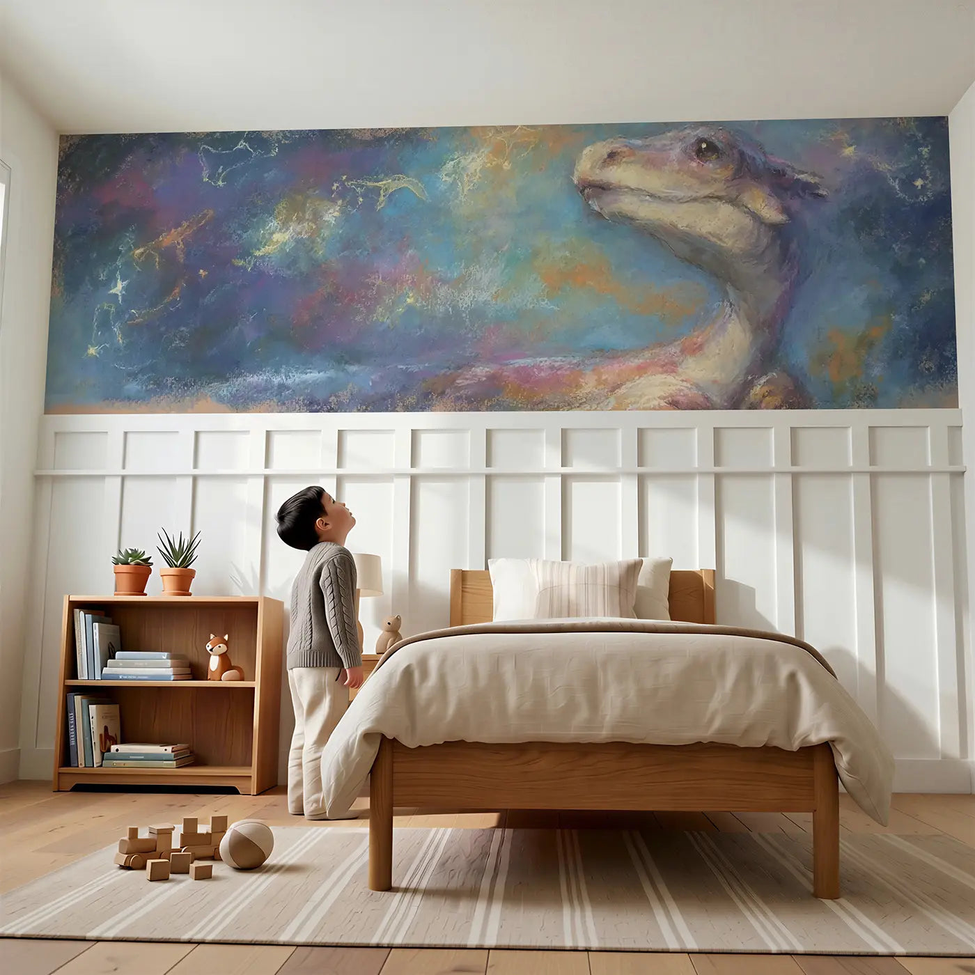 Child reading near Pastel Dino Star Map Night Wainscoting Wallpaper by Whimsy Tots