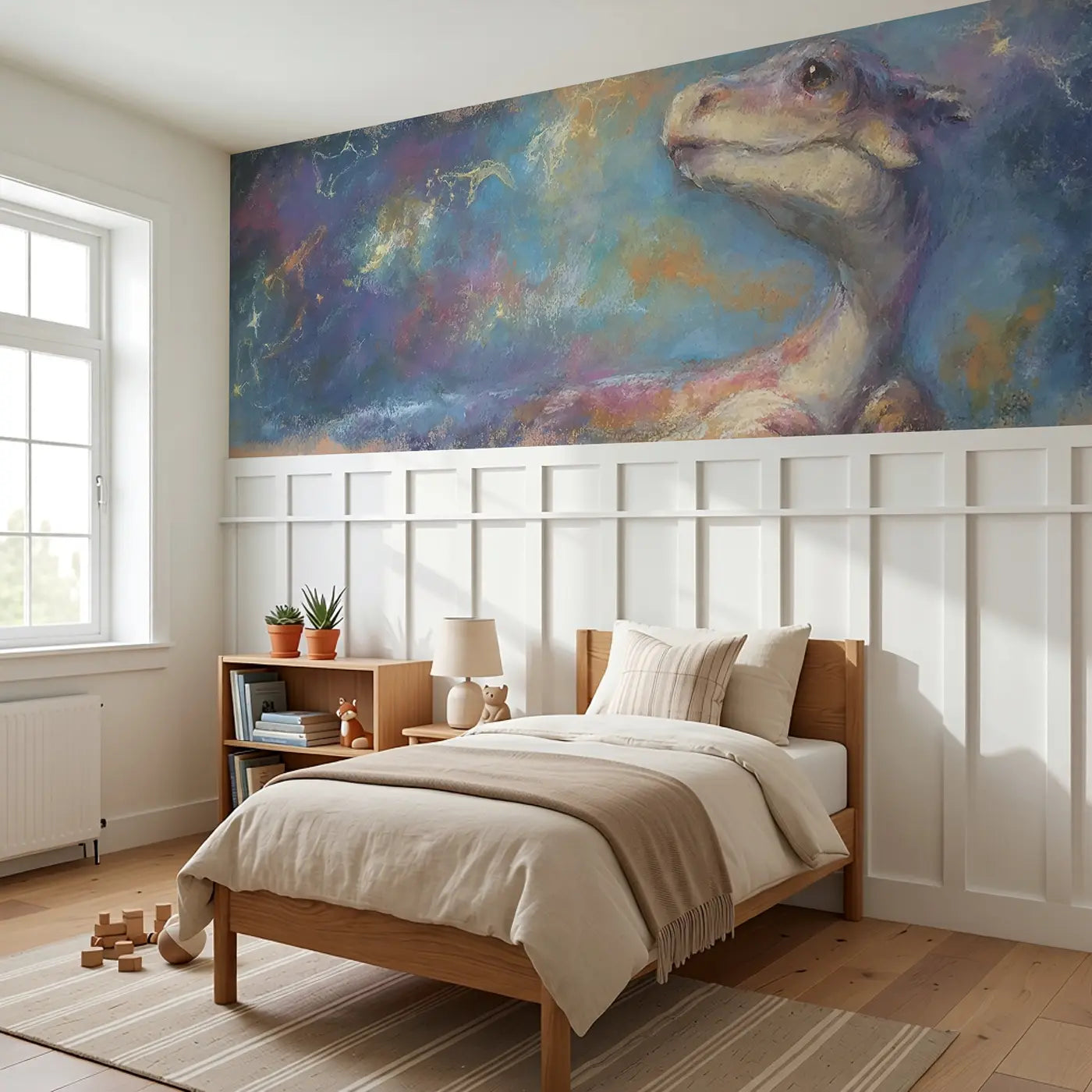 Pastel Dino Star Map Night Wainscoting Wallpaper styled in a kids bedroom by Whimsy Tots