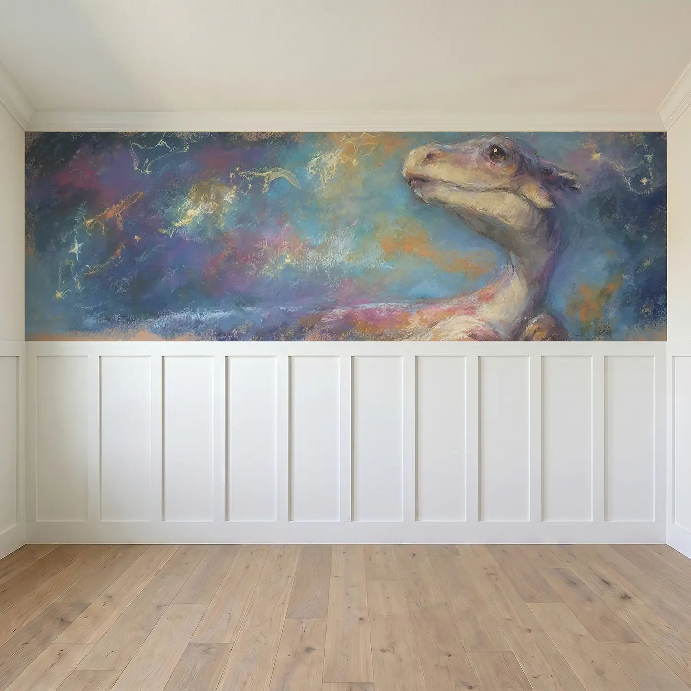 Full panel view of Pastel Dino Star Map Night Wainscoting Wallpaper by Whimsy Tots
