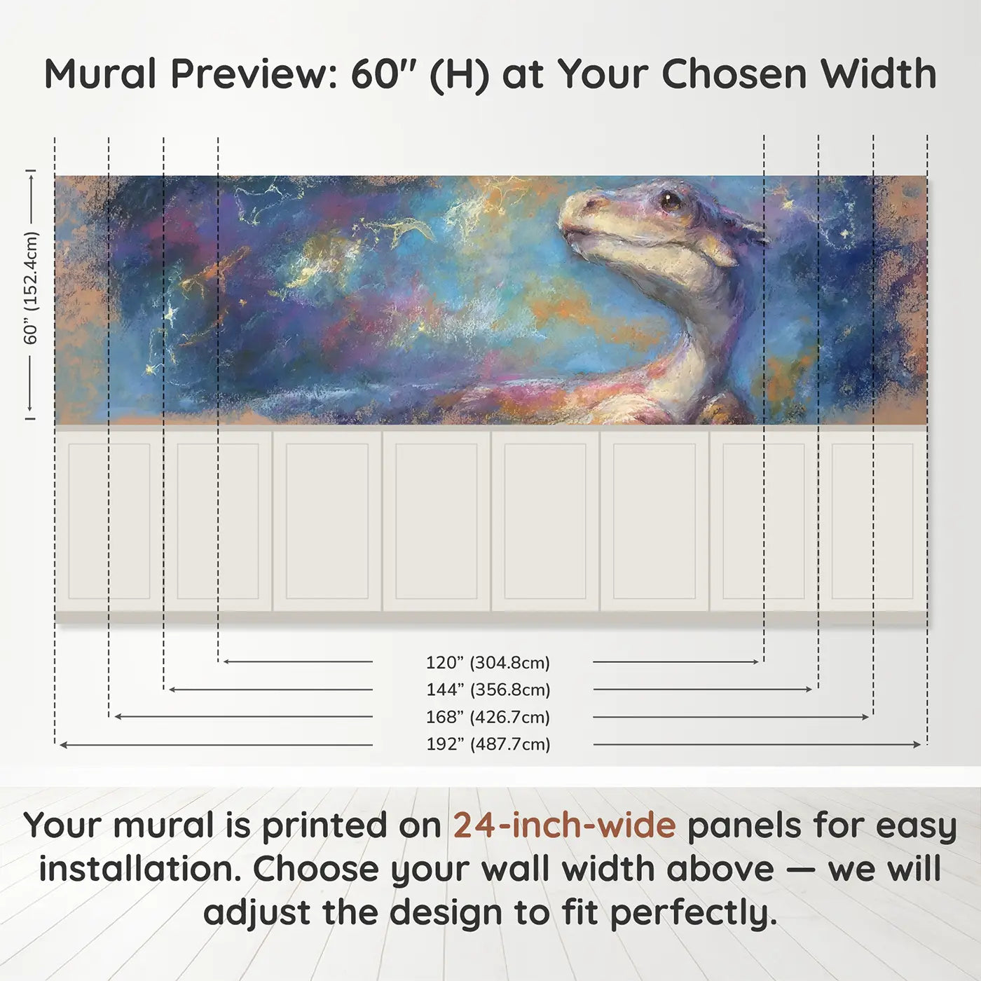 Panel dimensions for Pastel Dino Star Map Night Wainscoting Wallpaper by Whimsy Tots