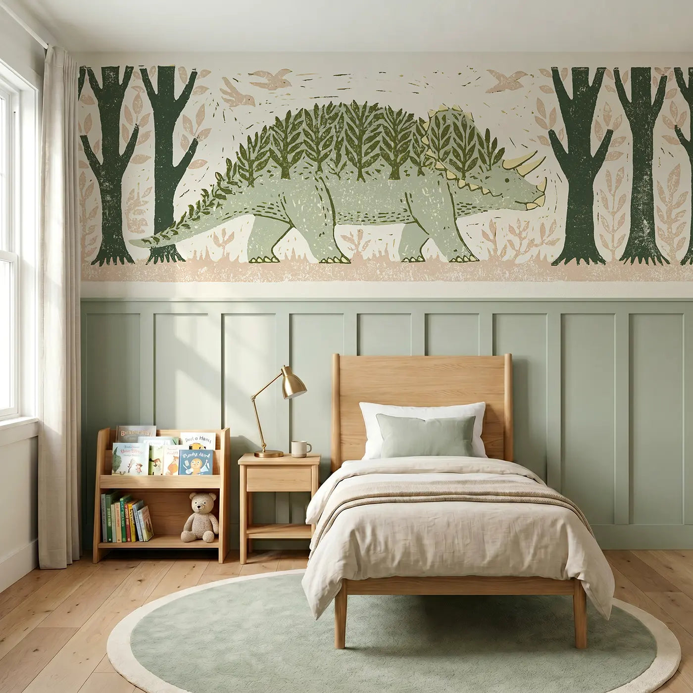 Block Print ankylosaurus soft forest wainscoting wallpaper for bedroom by Whimsy Tots.