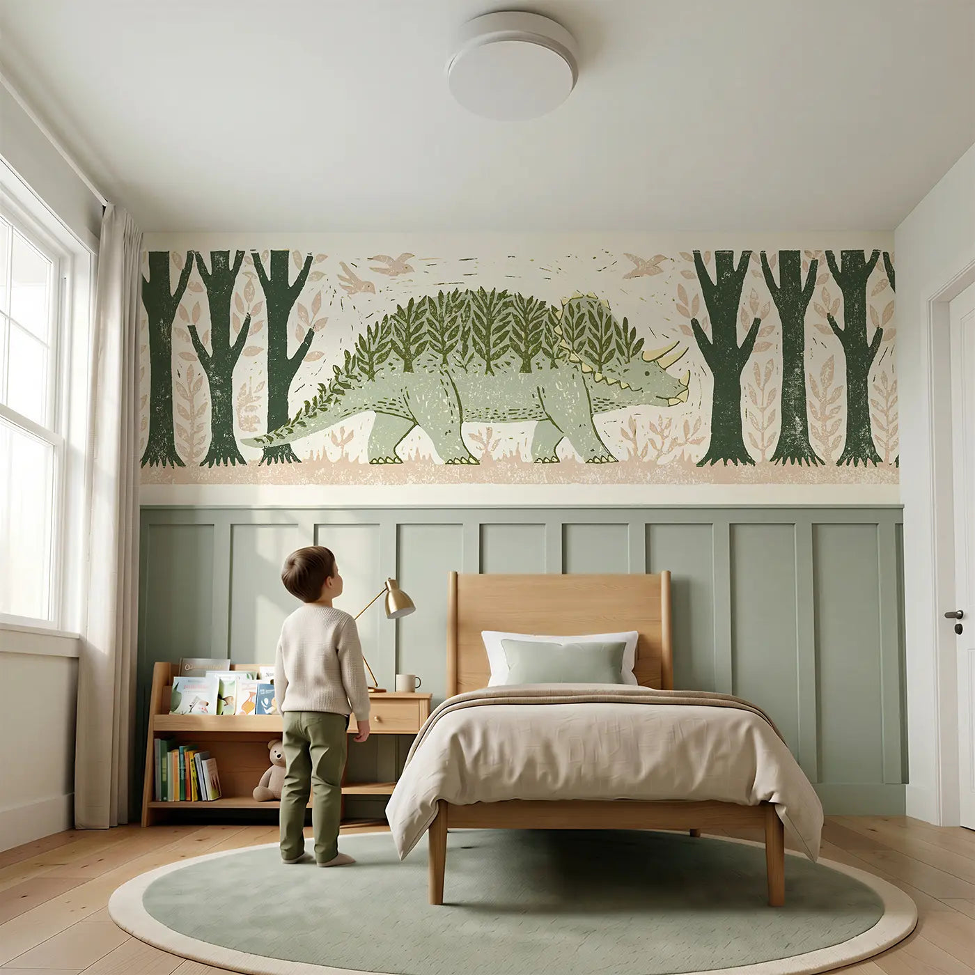 Child reading near Carved Ankylosaurus Soft Forest Wainscoting Wallpaper by Whimsy Tots
