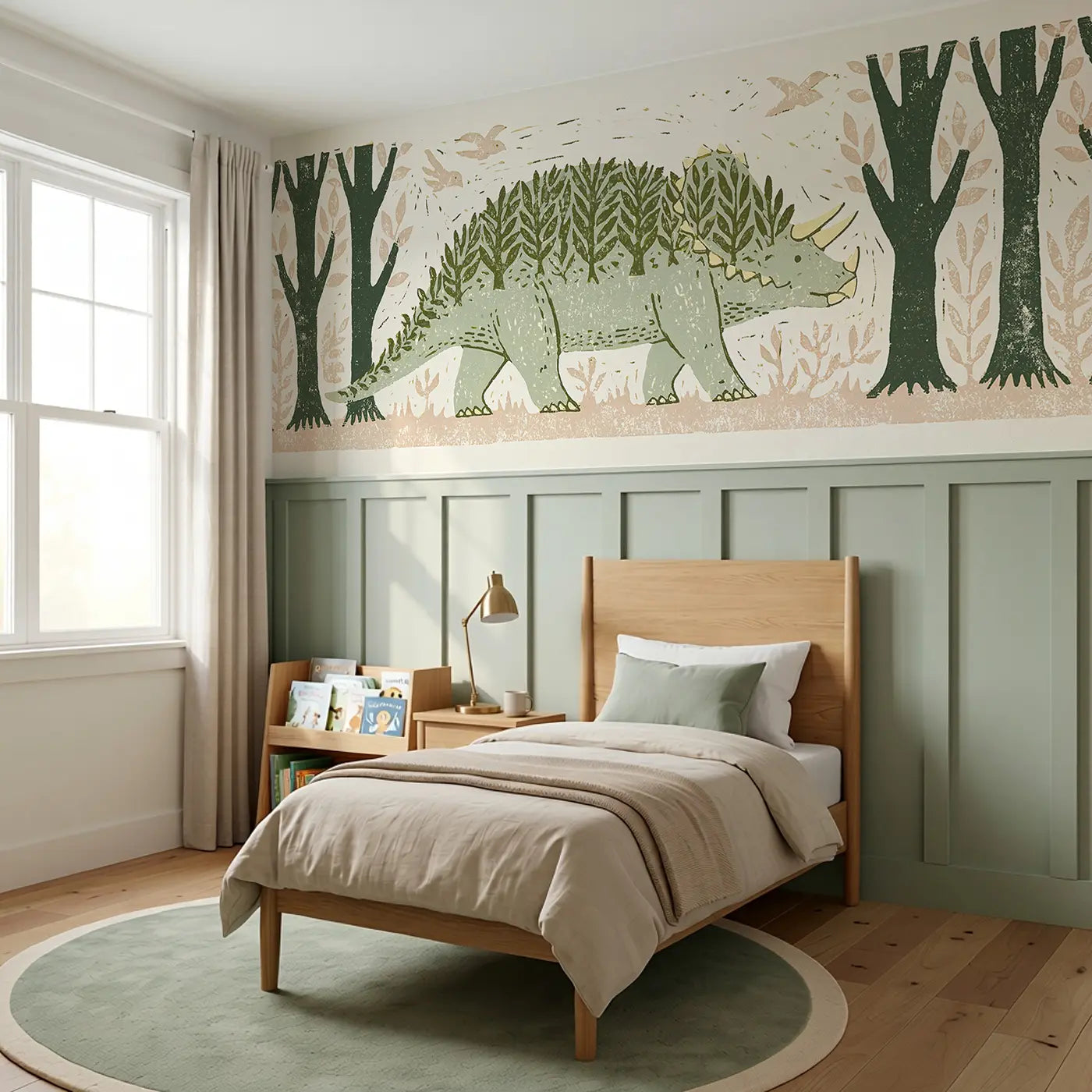 Carved Ankylosaurus Soft Forest Wainscoting Wallpaper styled in a kids bedroom by Whimsy Tots