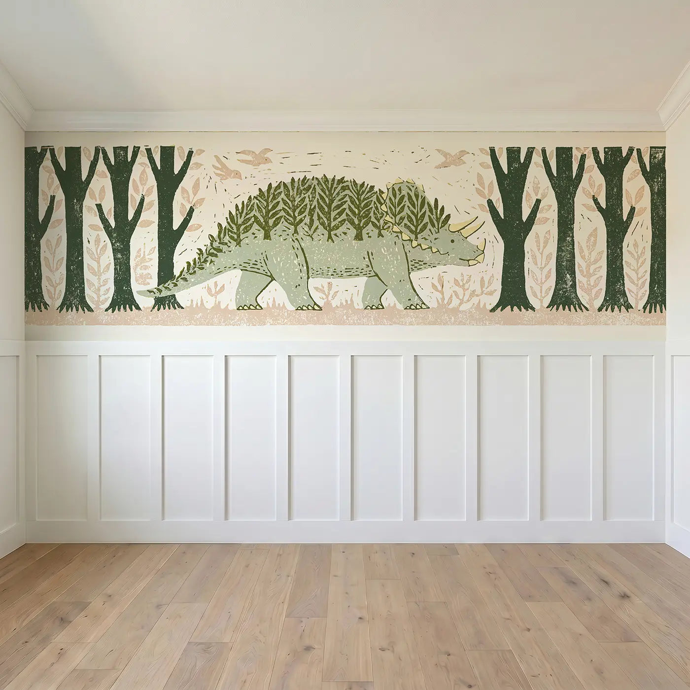 Full panel view of Carved Ankylosaurus Soft Forest Wainscoting Wallpaper by Whimsy Tots