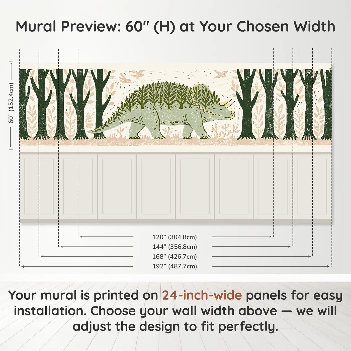 Panel dimensions for Carved Ankylosaurus Soft Forest Wainscoting Wallpaper by Whimsy Tots