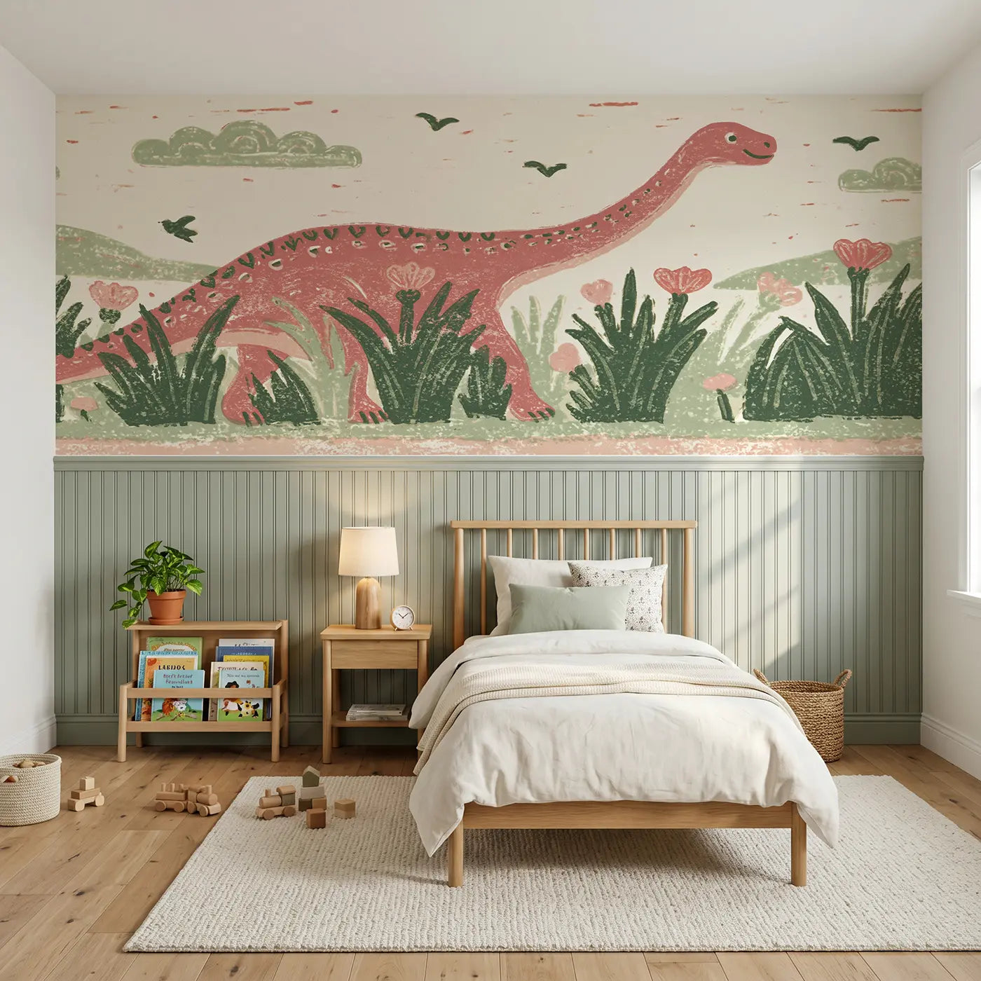 Block Print diplodocus meadow wainscoting wallpaper for bedroom by Whimsy Tots.