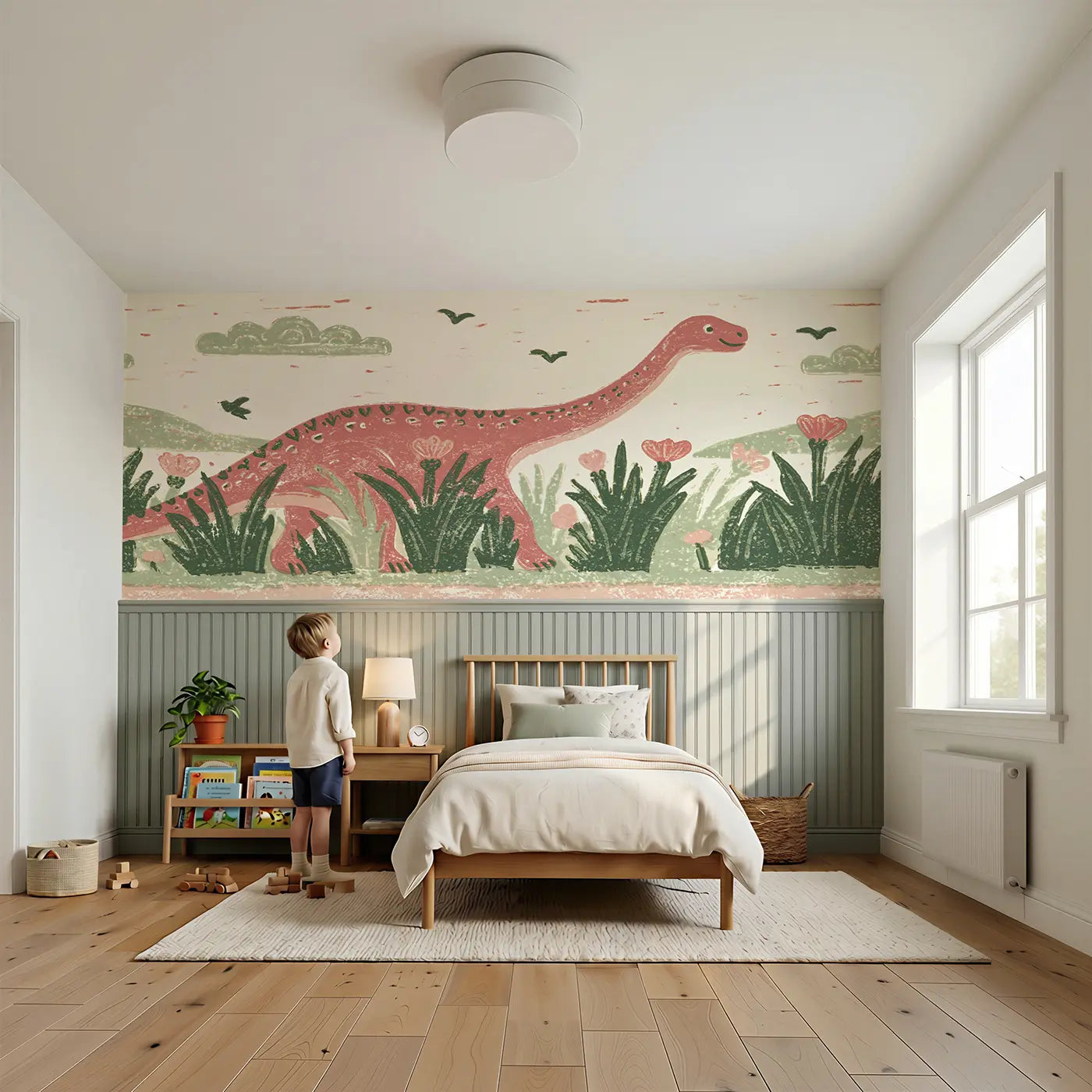 Child reading near Block Print Diplodocus Meadow Wainscoting Wallpaper by Whimsy Tots