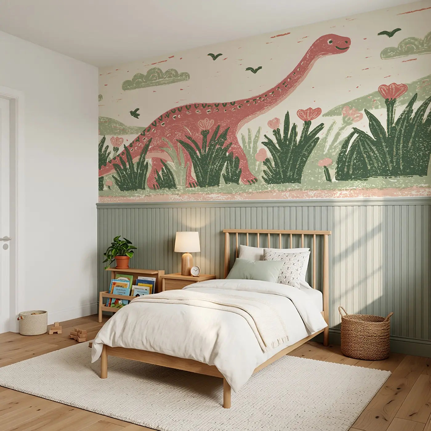 Block Print Diplodocus Meadow Wainscoting Wallpaper styled in a kids bedroom by Whimsy Tots