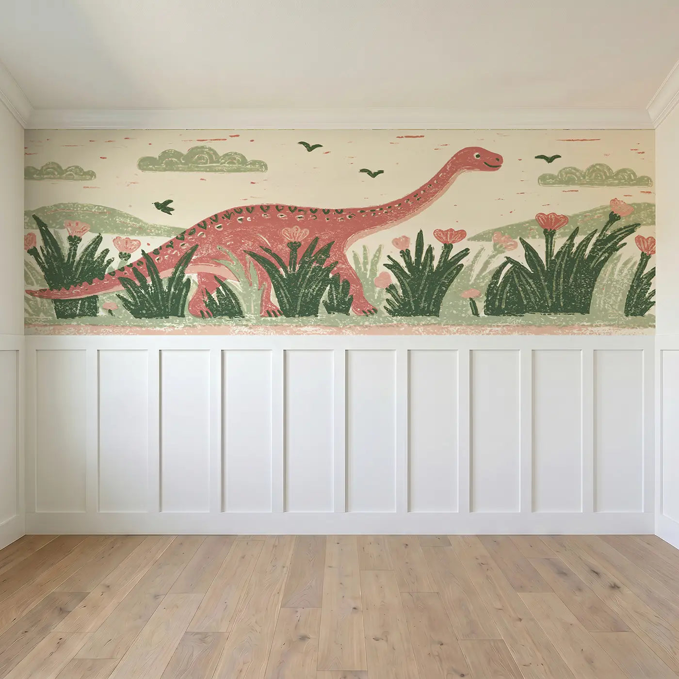 Full panel view of Block Print Diplodocus Meadow Wainscoting Wallpaper by Whimsy Tots