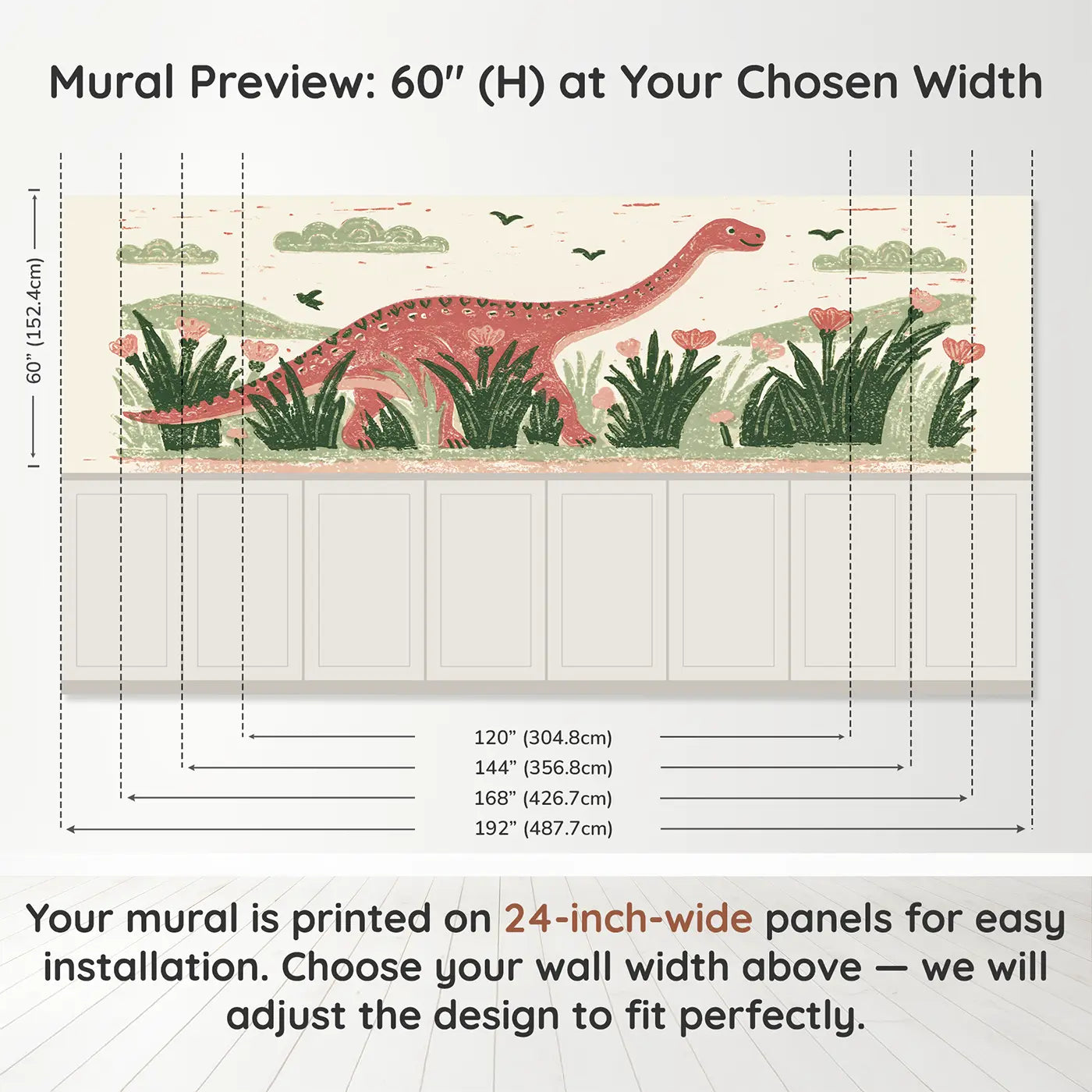 Panel dimensions for Block Print Diplodocus Meadow Wainscoting Wallpaper by Whimsy Tots