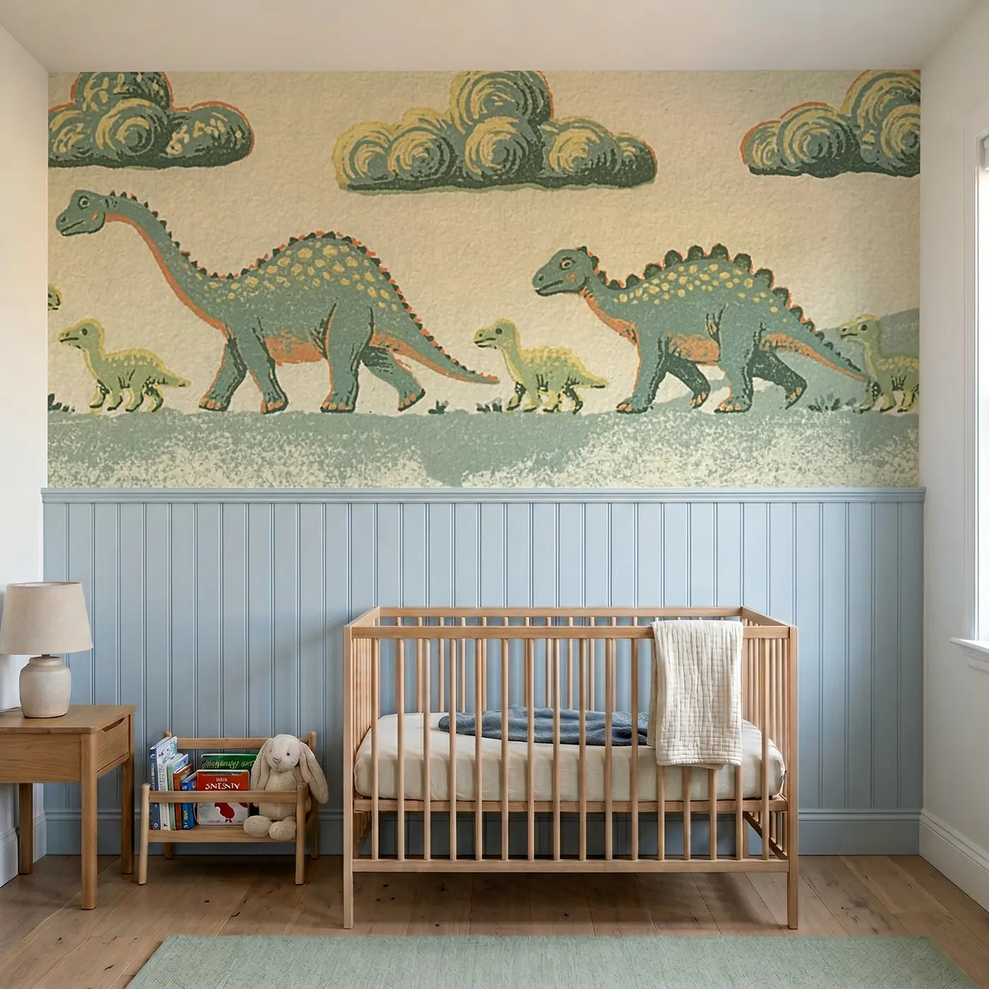 Block Print baby dino family wainscoting wallpaper for nursery by Whimsy Tots.