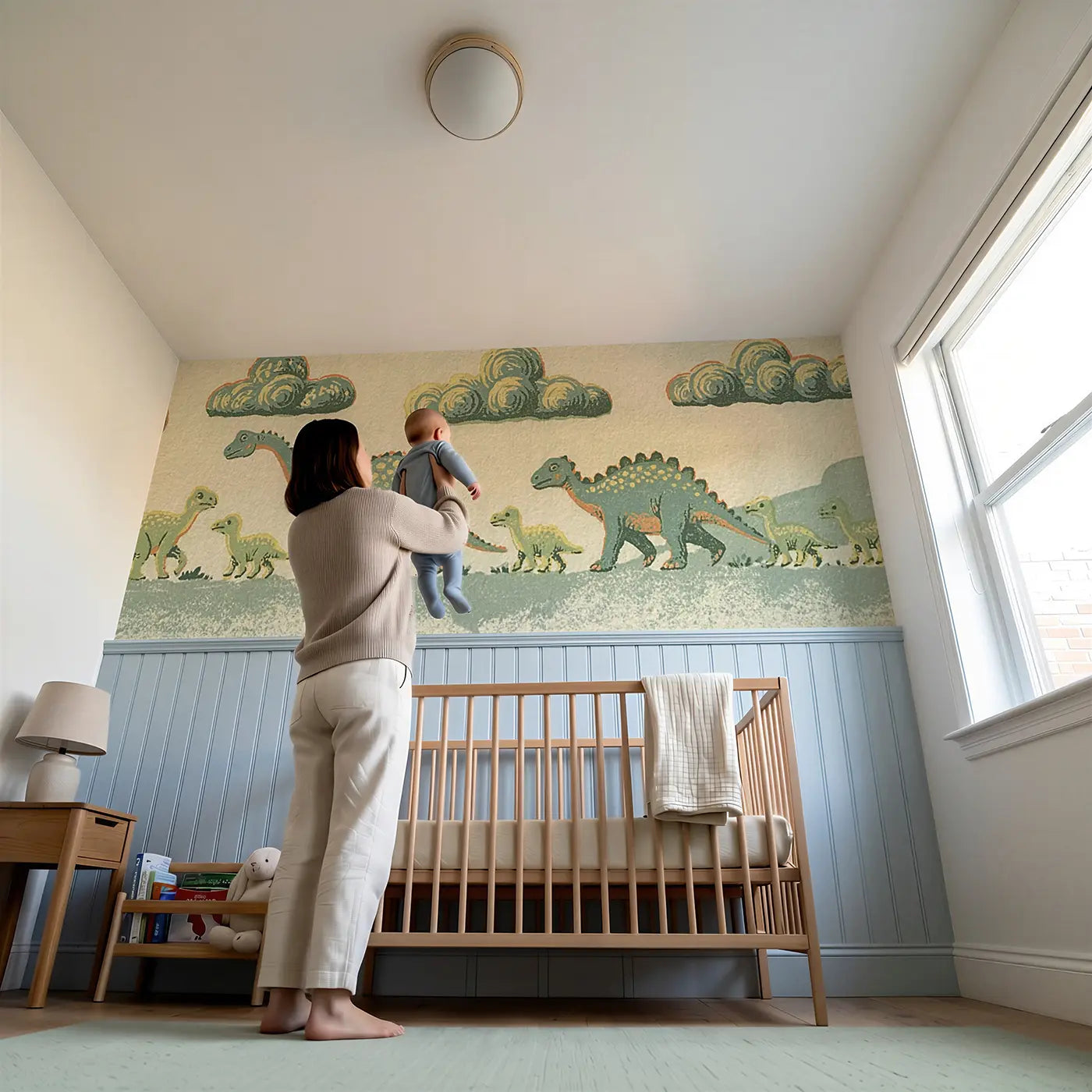 Child reading near Linocut Baby Dino Family Wainscoting Wallpaper by Whimsy Tots