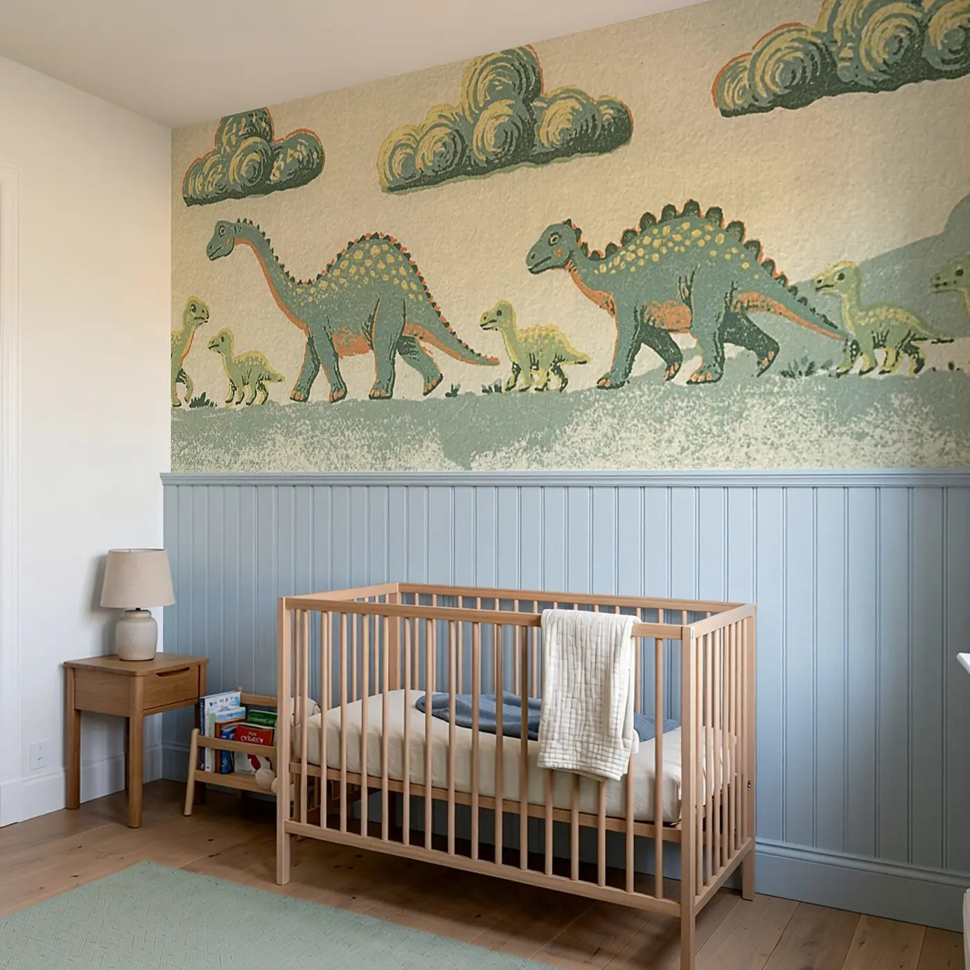 Linocut Baby Dino Family Wainscoting Wallpaper styled in a kids bedroom by Whimsy Tots