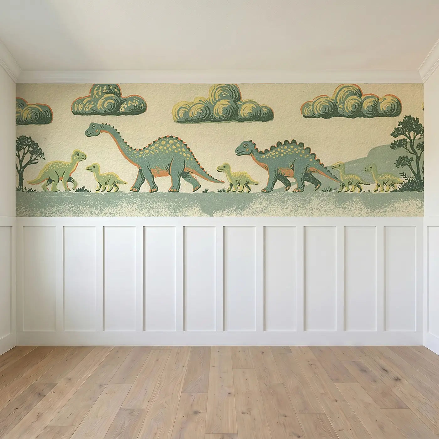 Full panel view of Linocut Baby Dino Family Wainscoting Wallpaper by Whimsy Tots