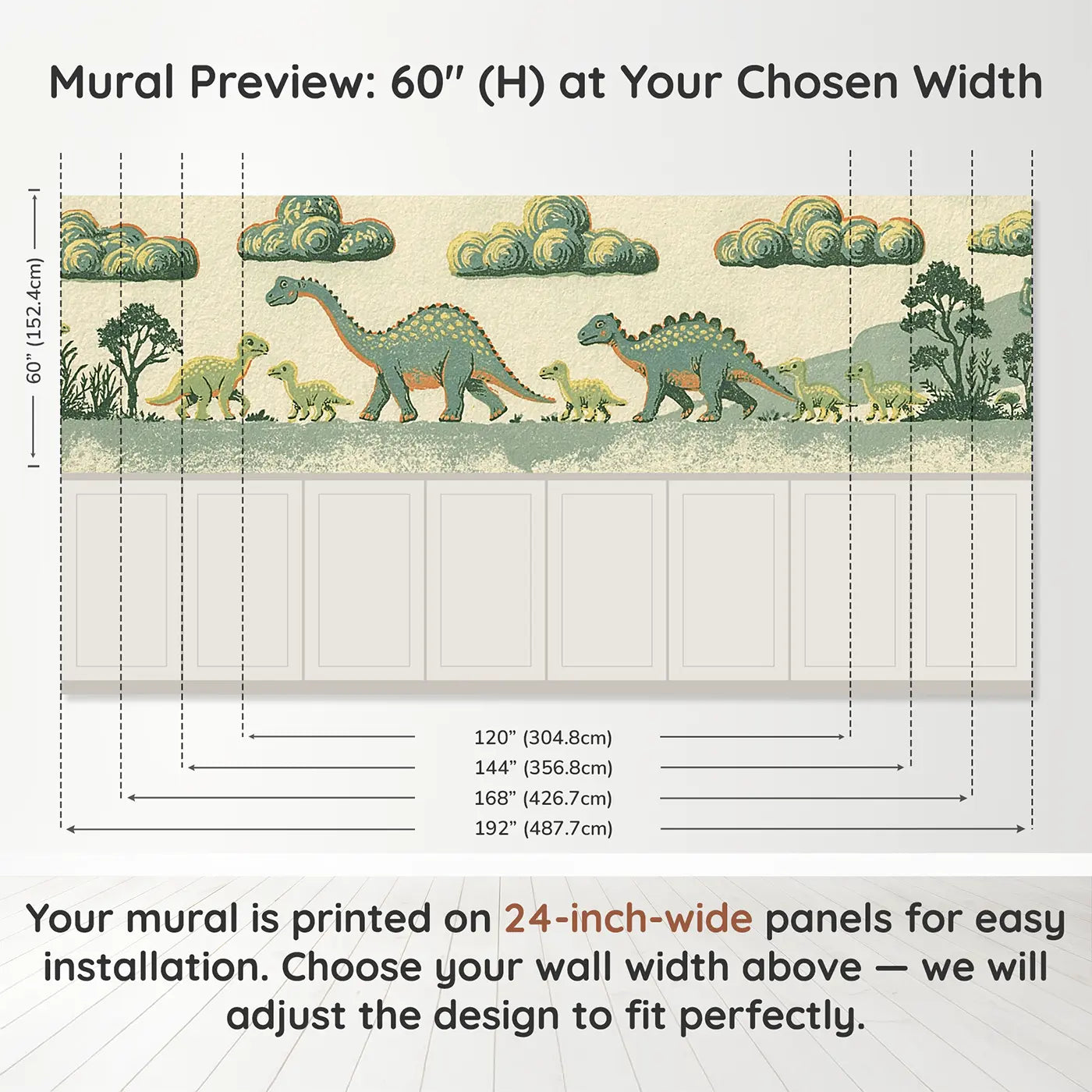 Panel dimensions for Linocut Baby Dino Family Wainscoting Wallpaper by Whimsy Tots