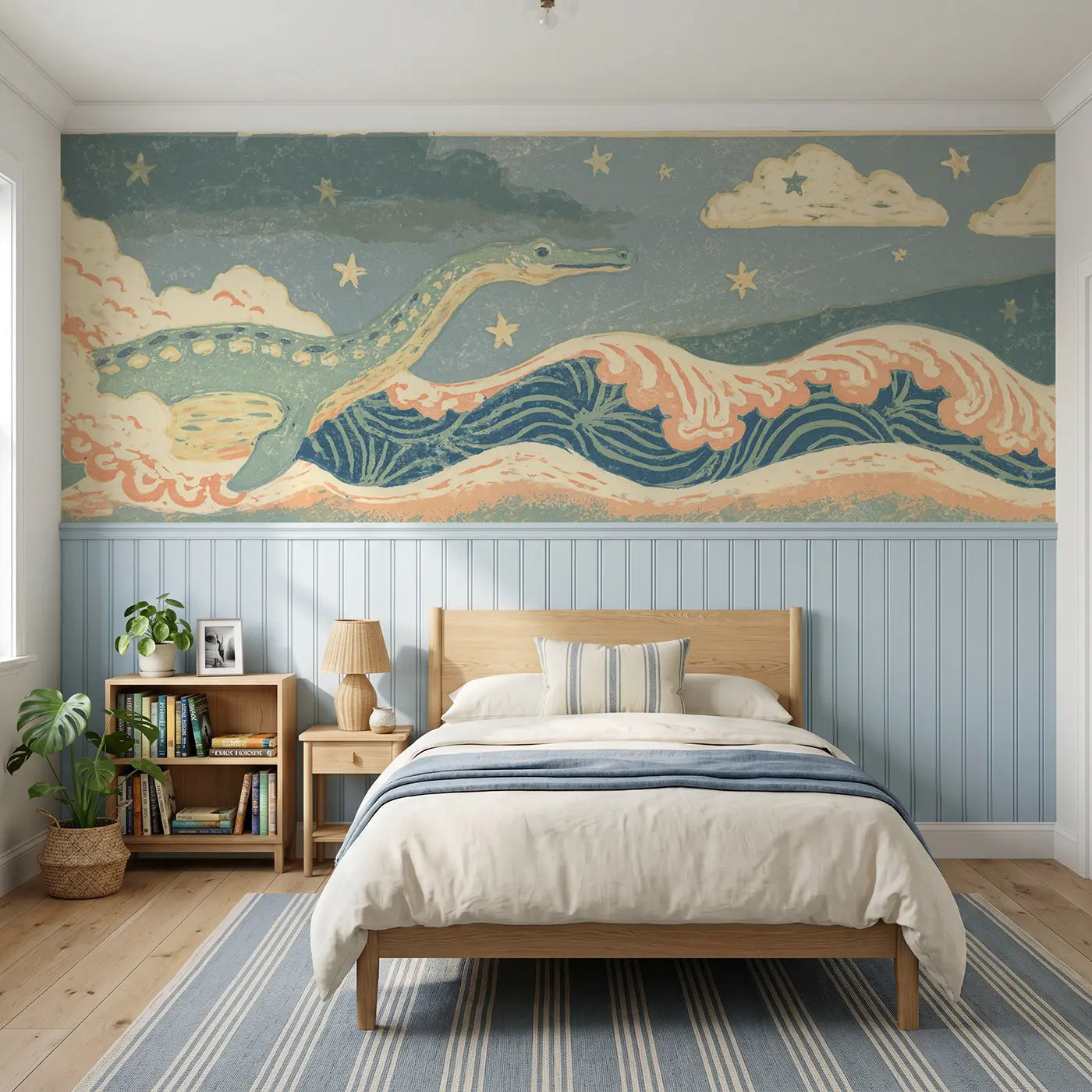 Block Print plesiosaurus wave wainscoting wallpaper for bedroom by Whimsy Tots.