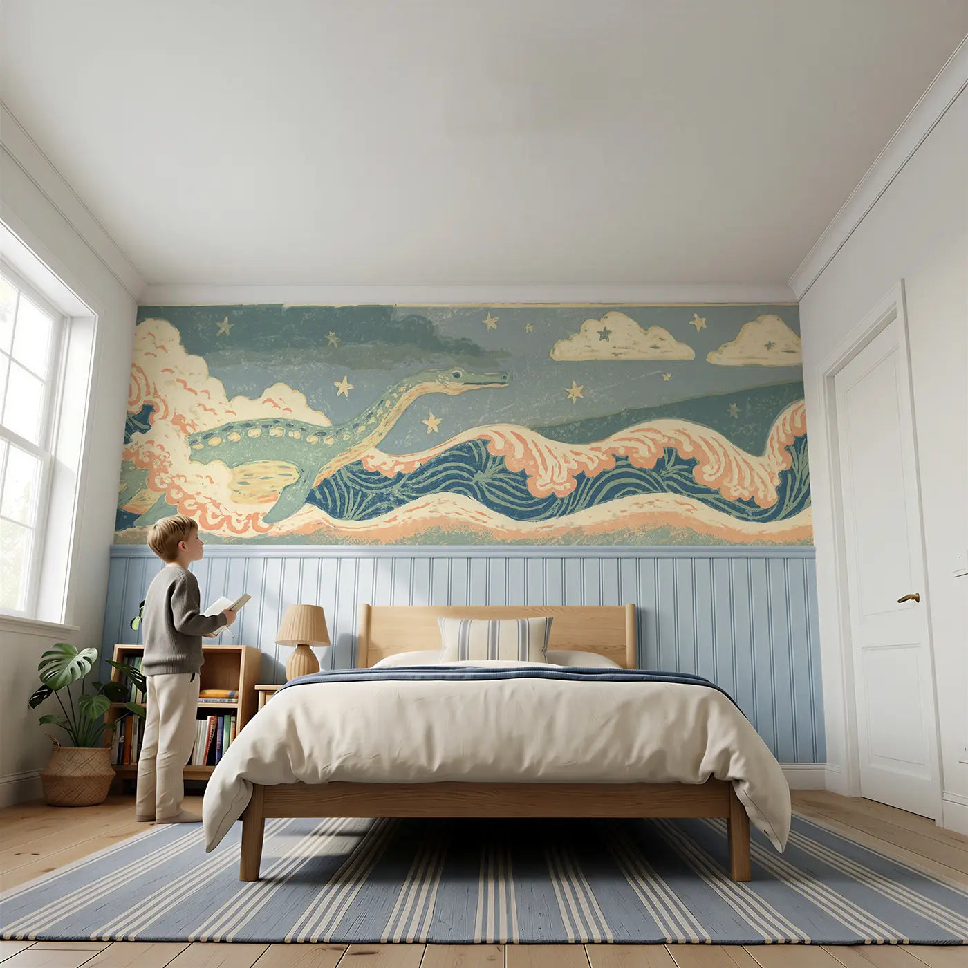 Child reading near Carved Plesiosaurus Wave Wainscoting Wallpaper by Whimsy Tots