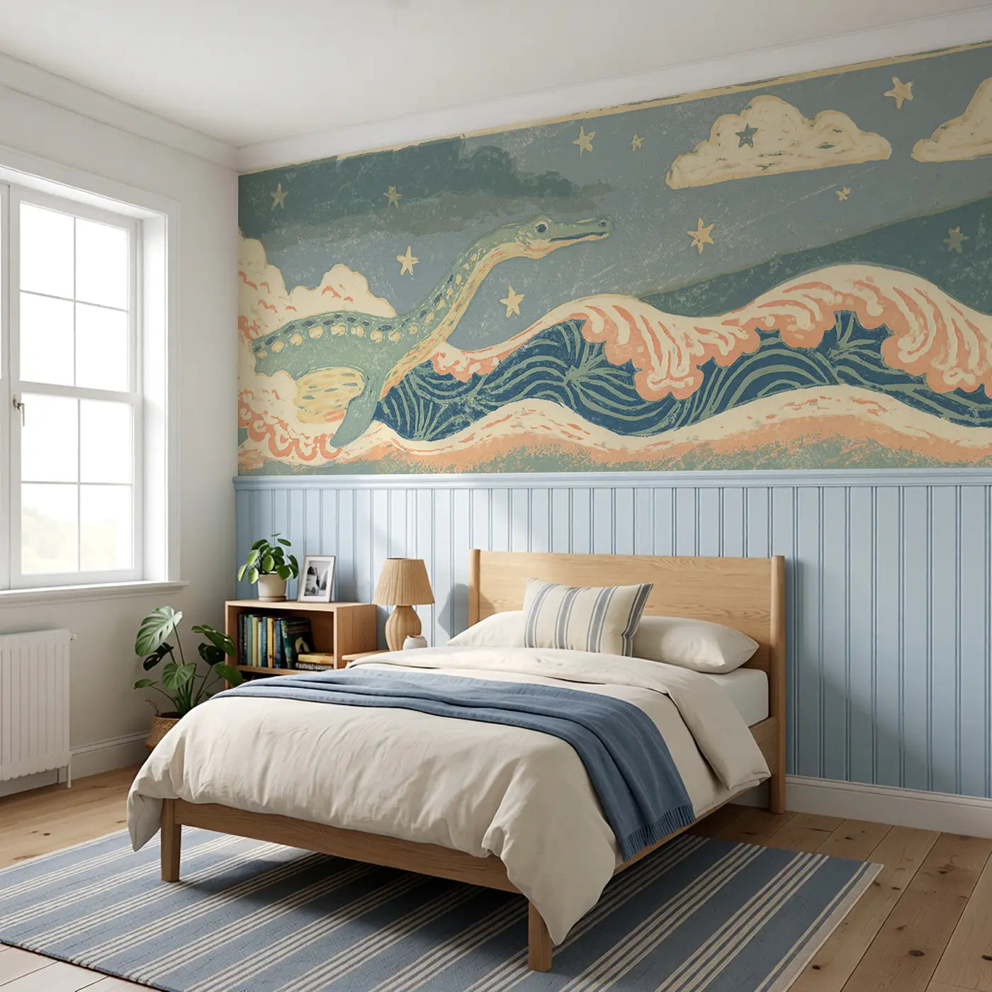 Carved Plesiosaurus Wave Wainscoting Wallpaper styled in a kids bedroom by Whimsy Tots