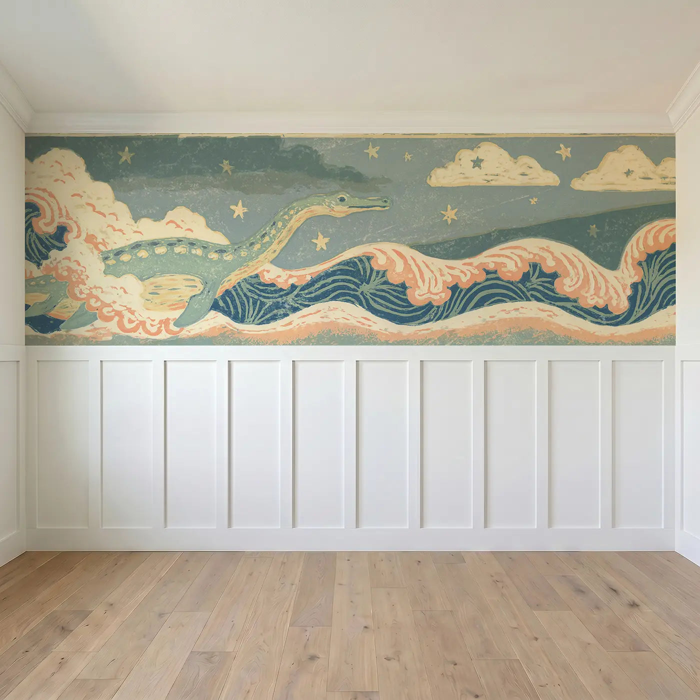 Full panel view of Carved Plesiosaurus Wave Wainscoting Wallpaper by Whimsy Tots