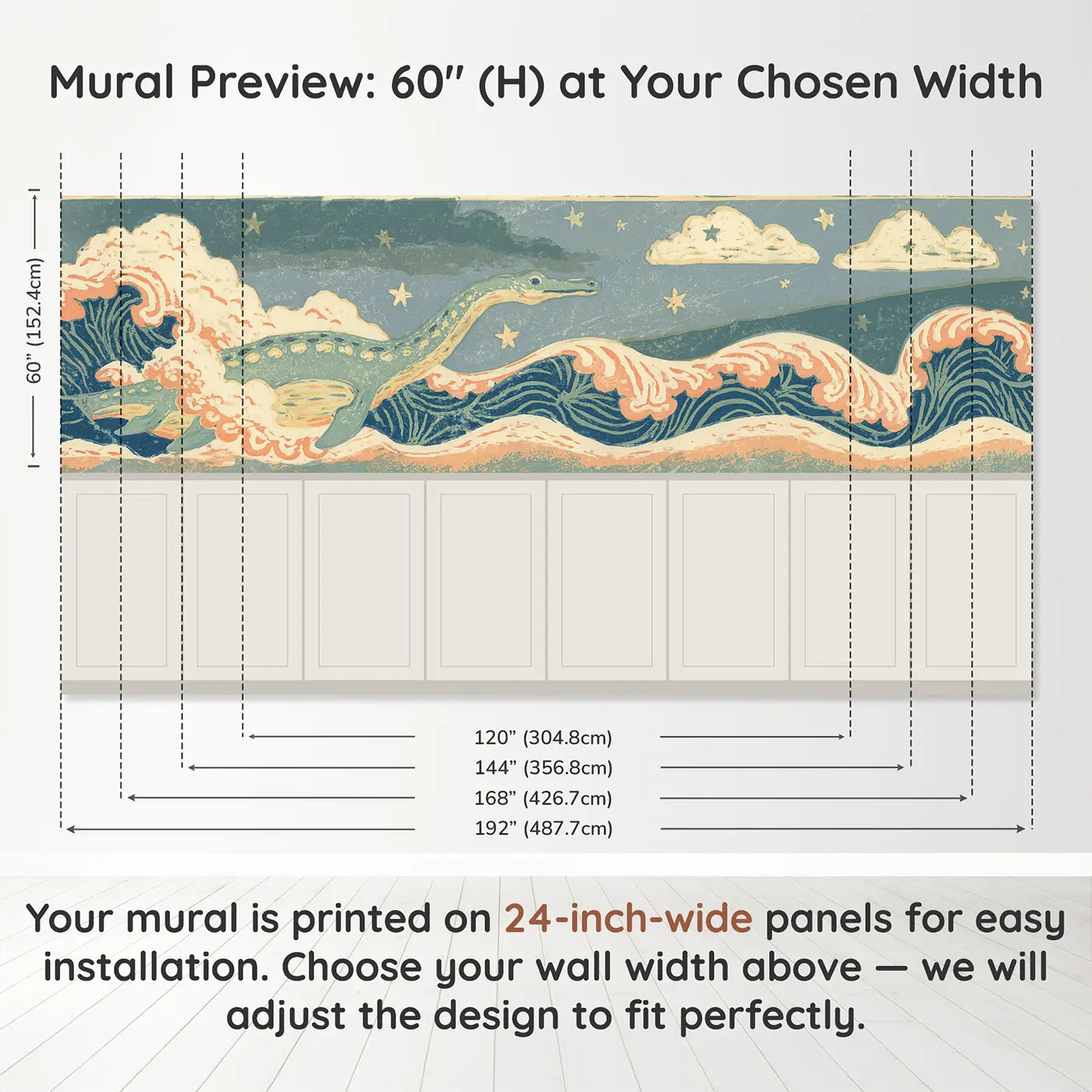 Panel dimensions for Carved Plesiosaurus Wave Wainscoting Wallpaper by Whimsy Tots
