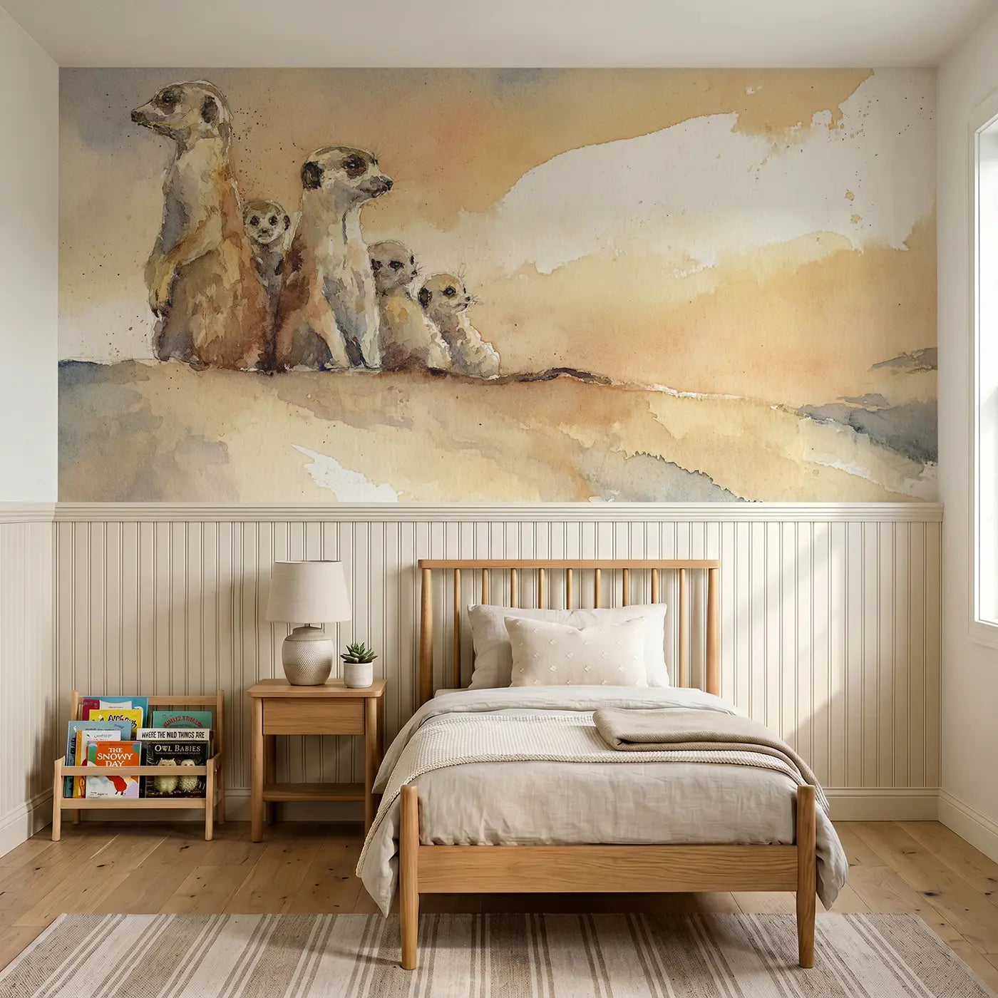 Watercolor meerkat family sentinel dawn wainscoting wallpaper for bedroom by Whimsy Tots.