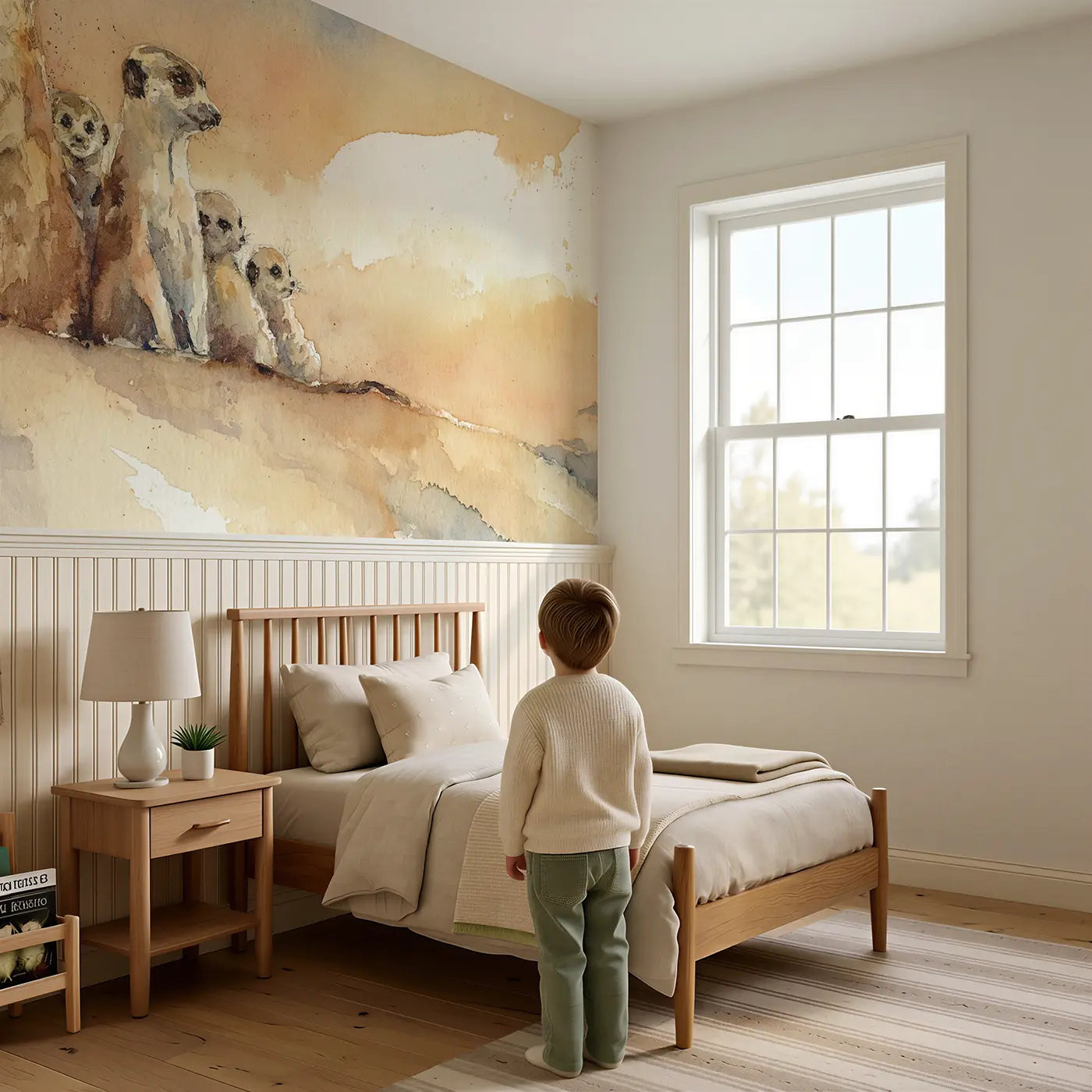 Child reading near Meerkat Family Sentinel Dawn Wainscoting Wallpaper by Whimsy Tots