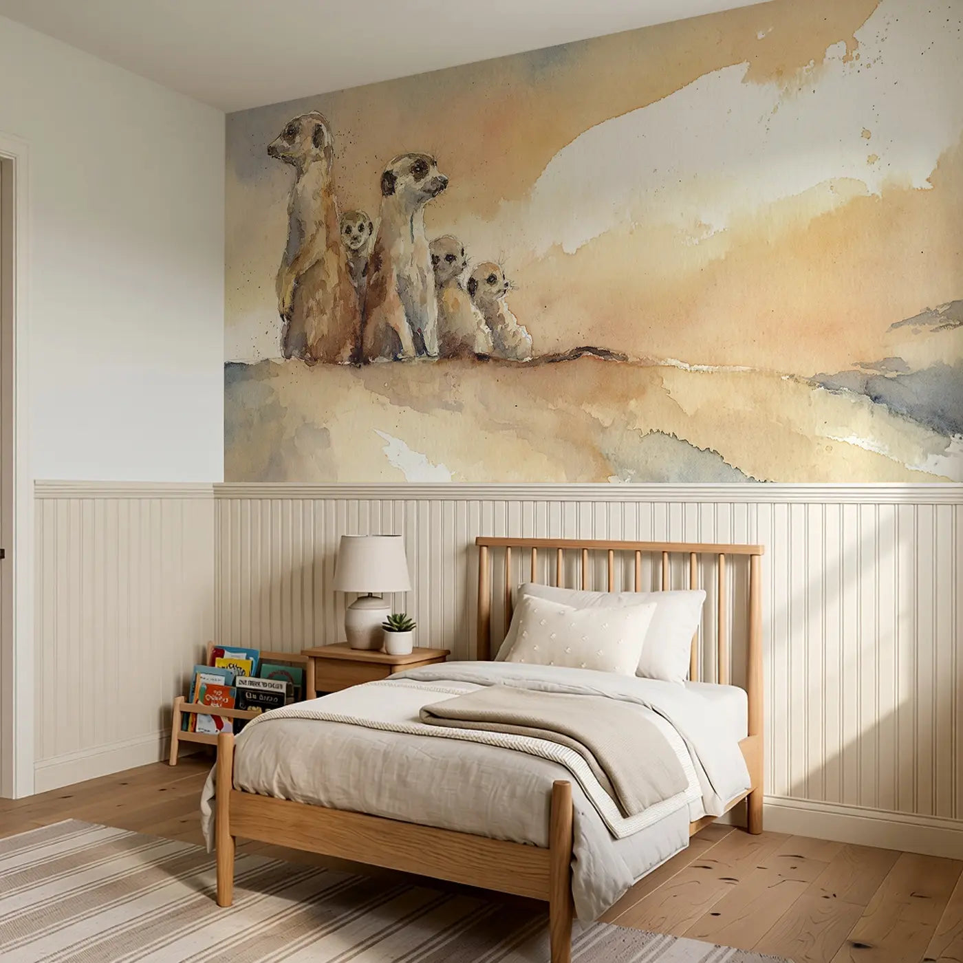 Meerkat Family Sentinel Dawn Wainscoting Wallpaper styled in a kids bedroom by Whimsy Tots