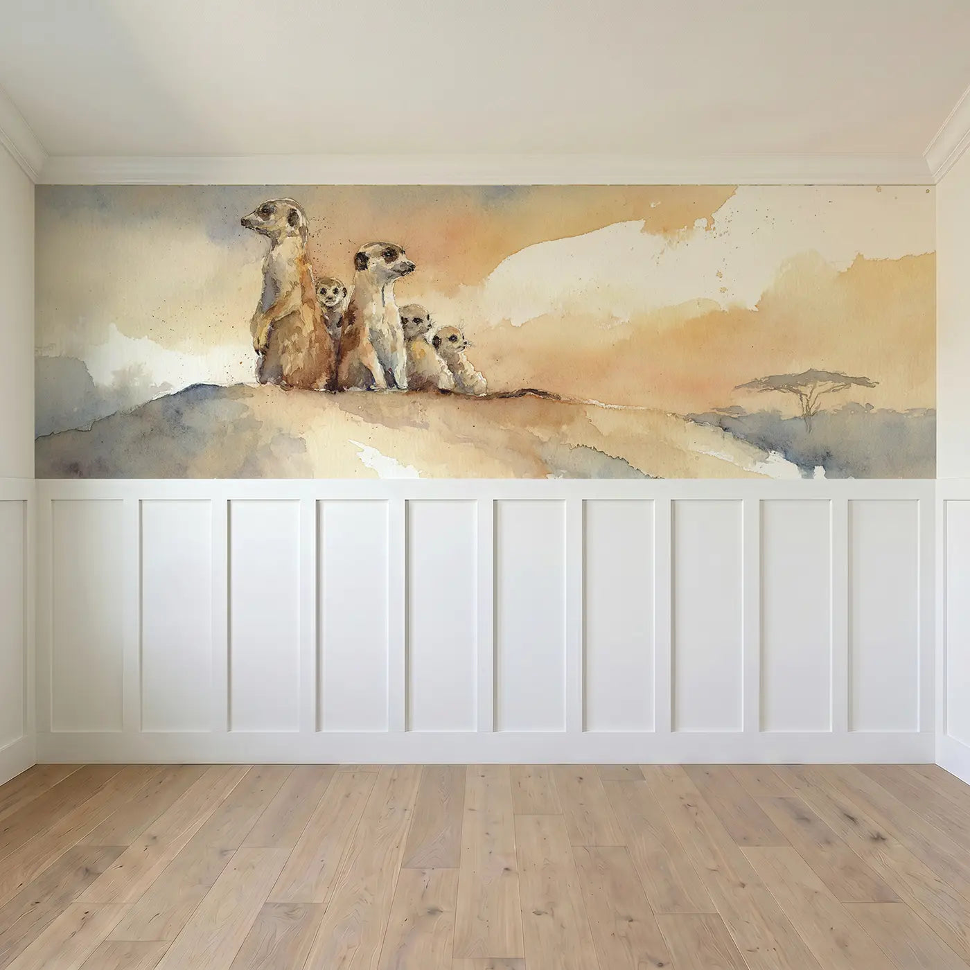 Full panel view of Meerkat Family Sentinel Dawn Wainscoting Wallpaper by Whimsy Tots