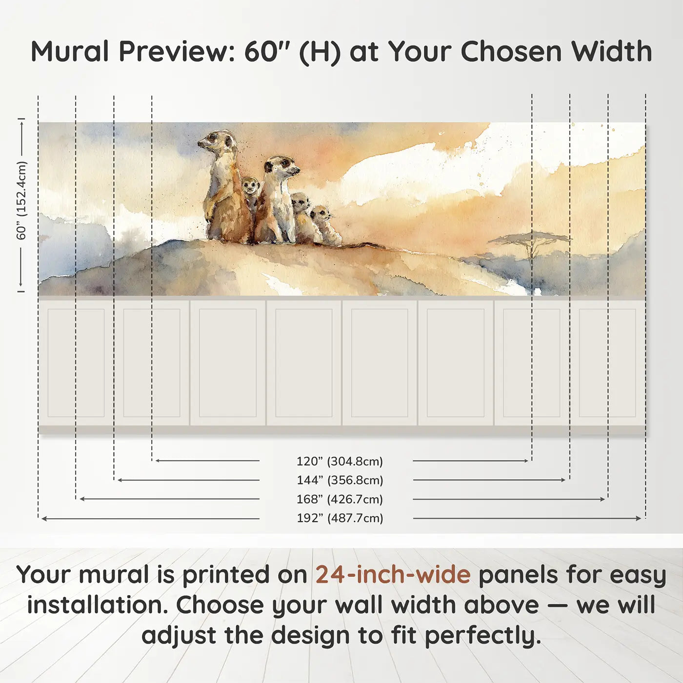 Panel dimensions for Meerkat Family Sentinel Dawn Wainscoting Wallpaper by Whimsy Tots