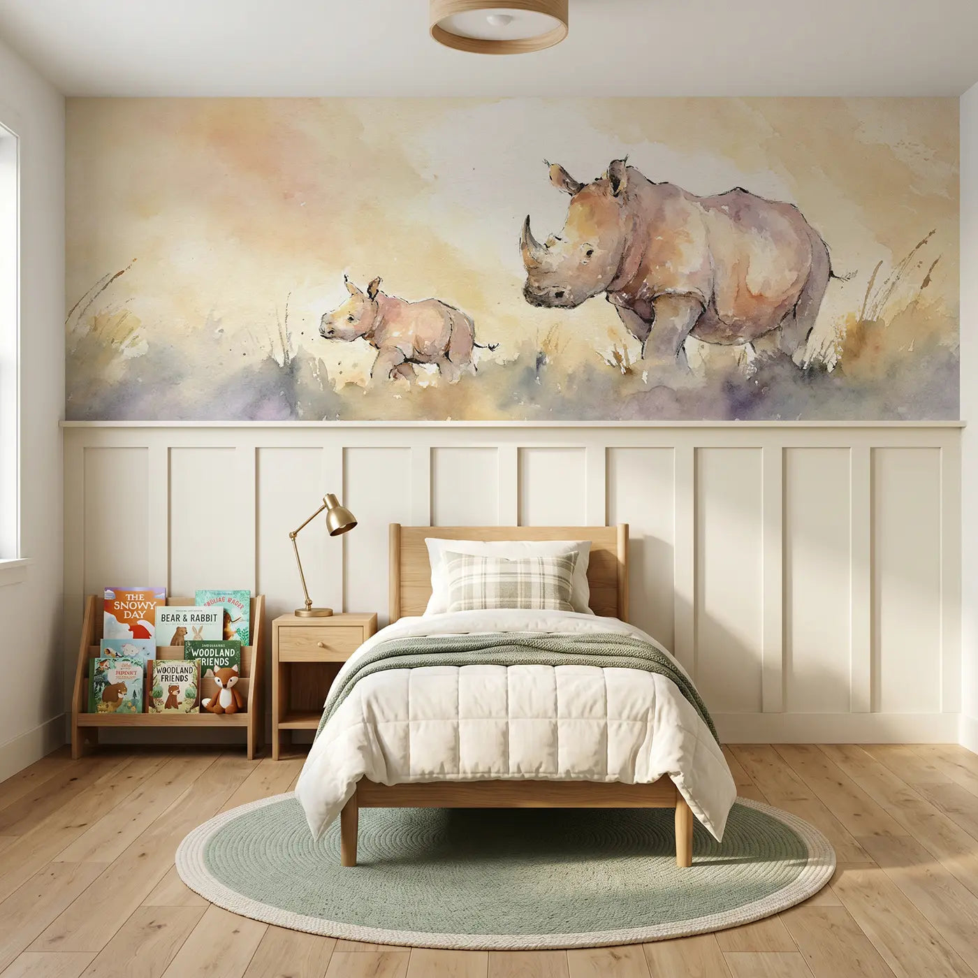 Watercolor rhino mother calf dust wainscoting wallpaper for bedroom by Whimsy Tots.