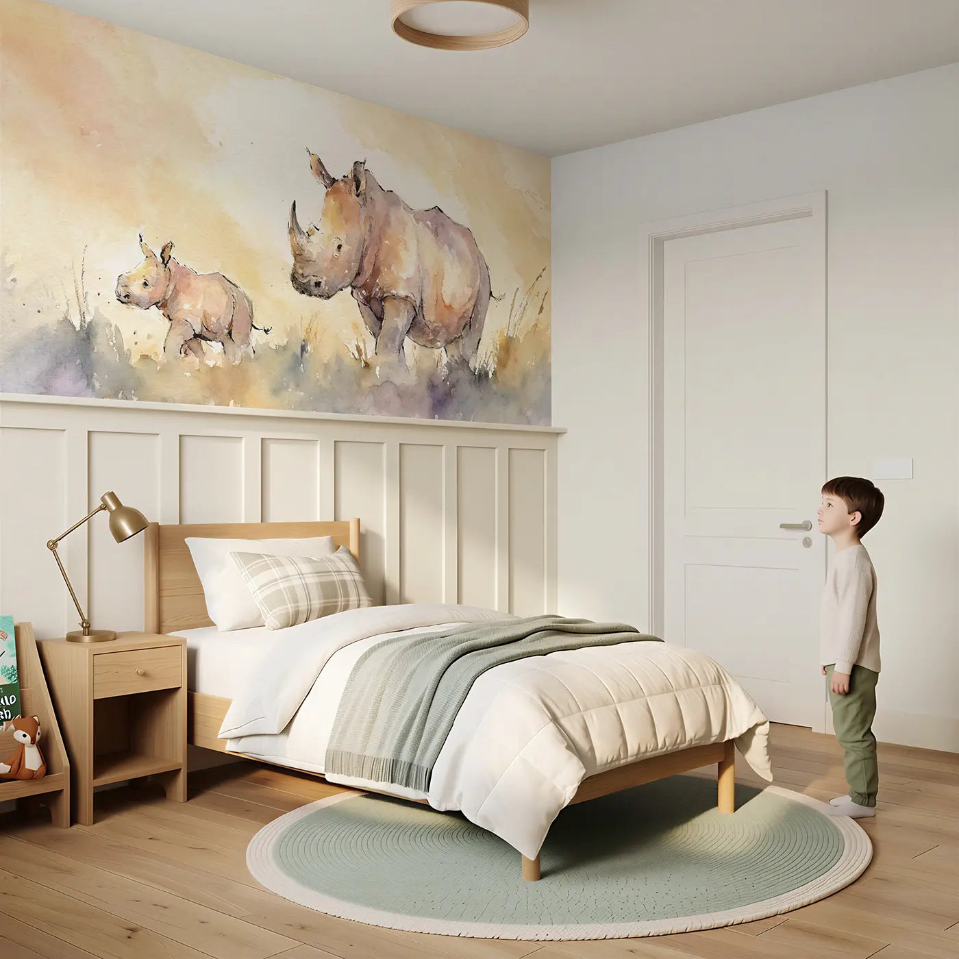 Child reading near Rhino Mother Calf Dust Wainscoting Wallpaper by Whimsy Tots