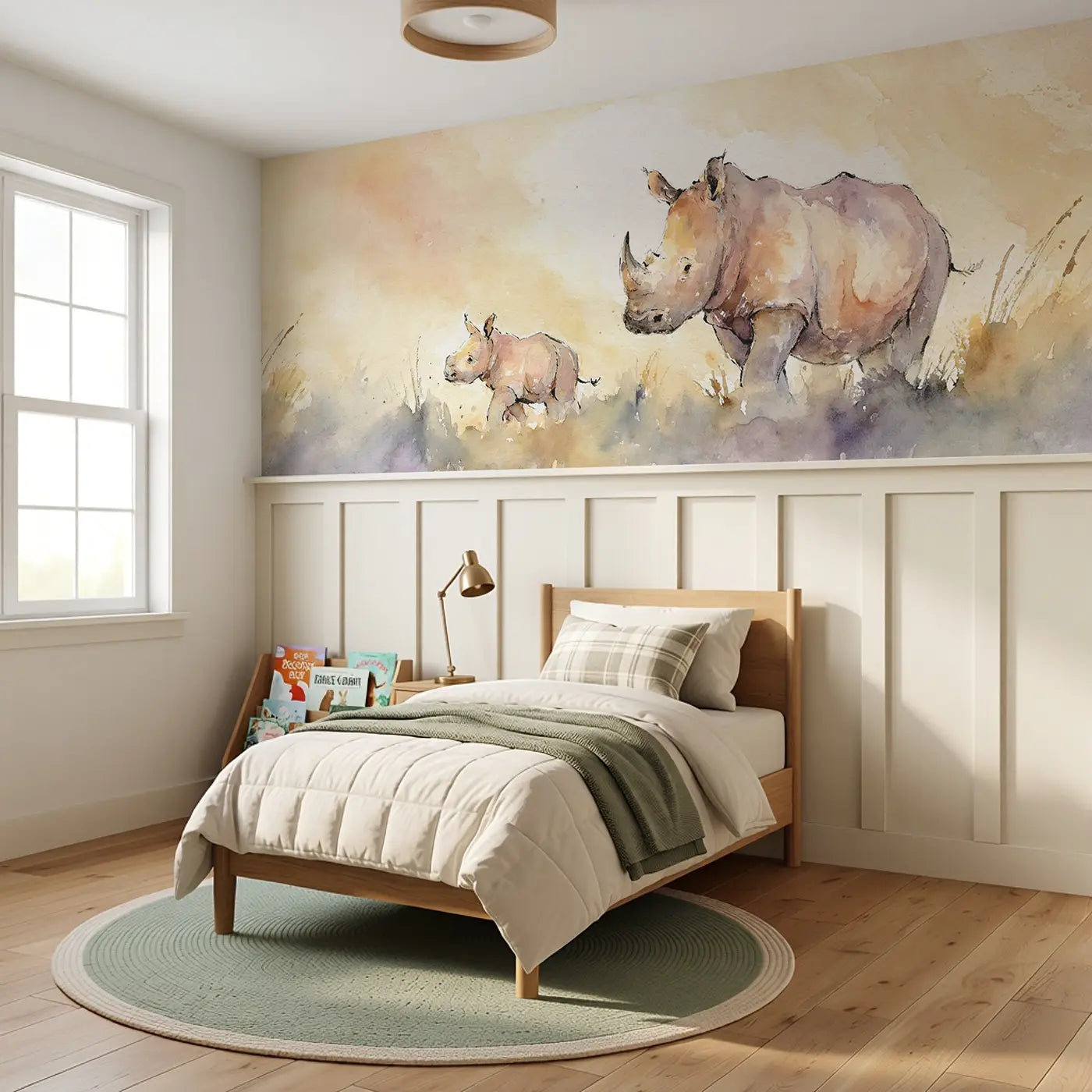 Rhino Mother Calf Dust Wainscoting Wallpaper styled in a kids bedroom by Whimsy Tots