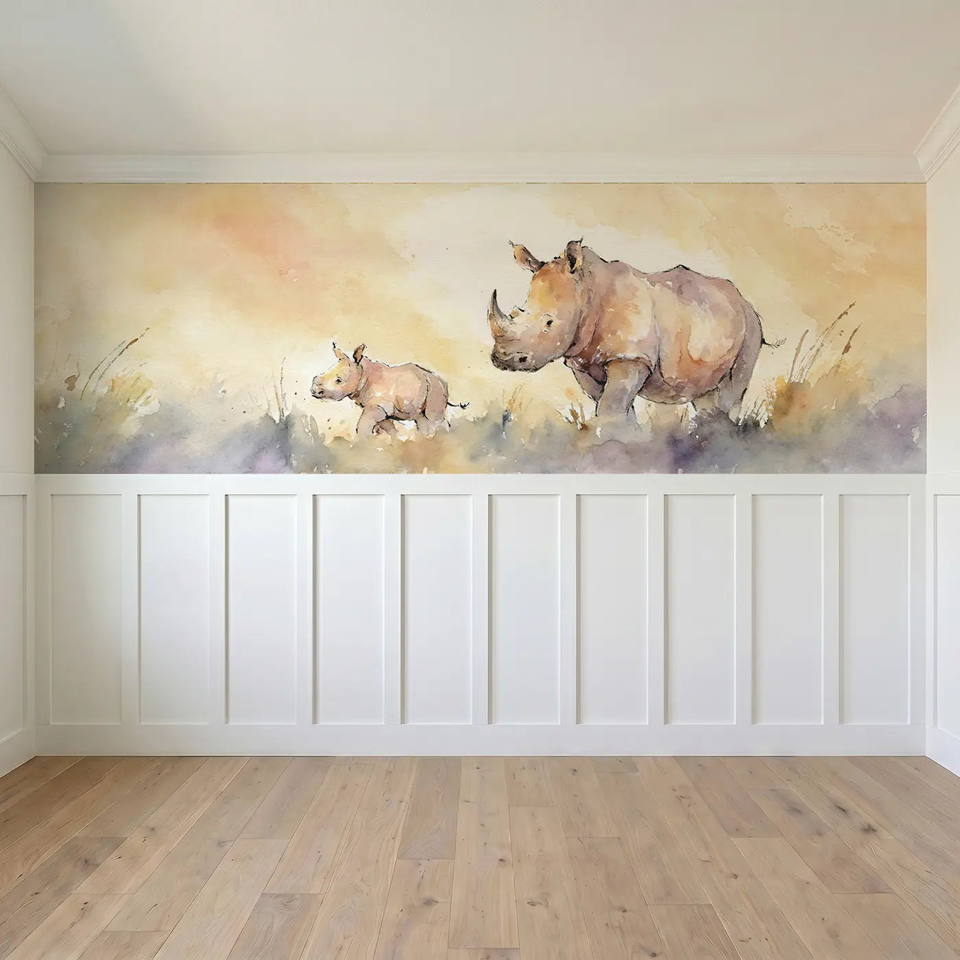 Full panel view of Rhino Mother Calf Dust Wainscoting Wallpaper by Whimsy Tots