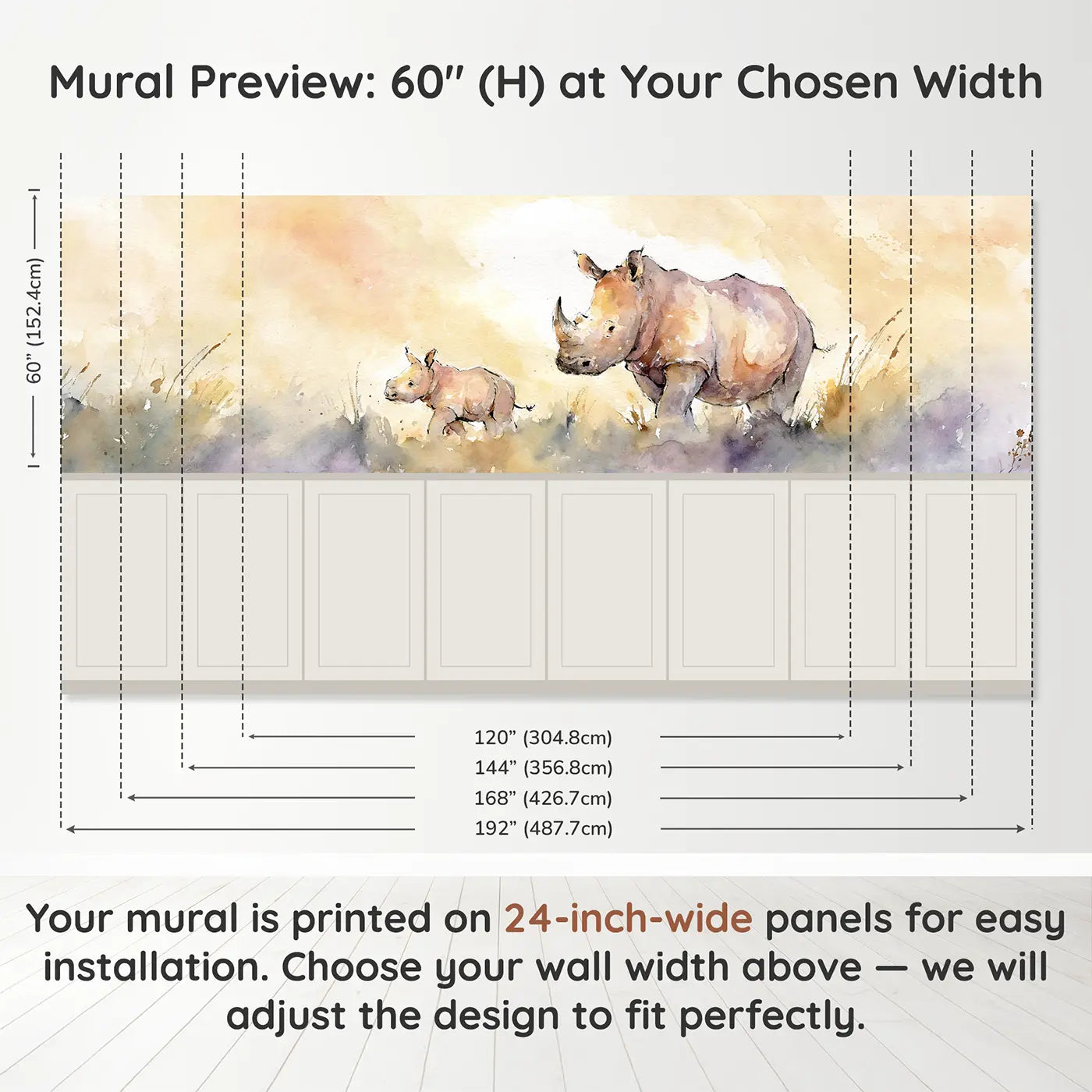 Panel dimensions for Rhino Mother Calf Dust Wainscoting Wallpaper by Whimsy Tots