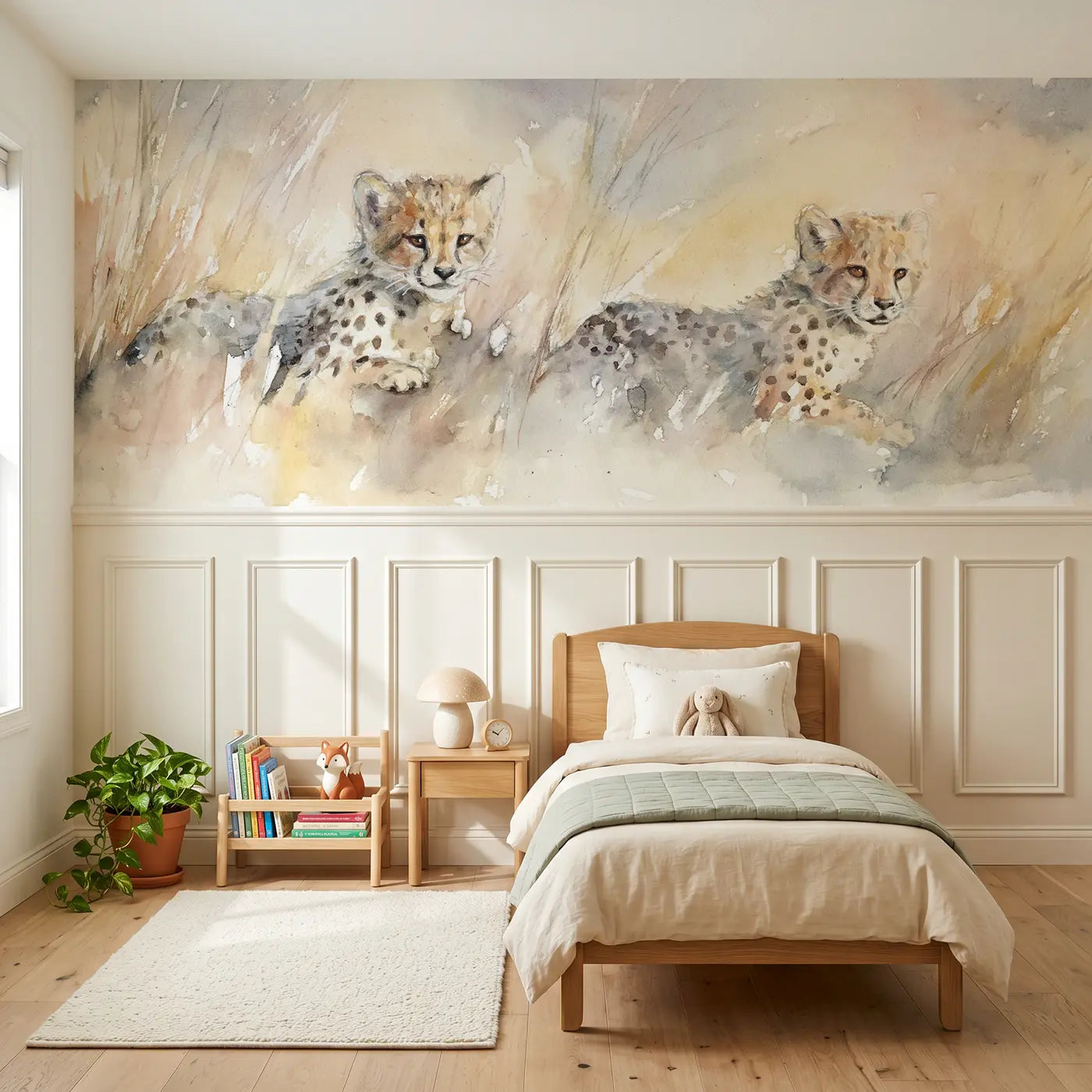 Watercolor cheetah cub tall grass play wainscoting wallpaper for bedroom by Whimsy Tots.