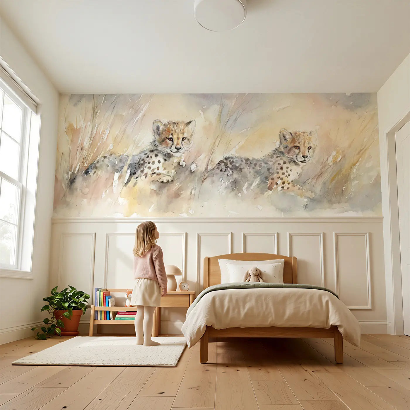 Child reading near Cheetah Cub Tall Grass Play Wainscoting Wallpaper by Whimsy Tots