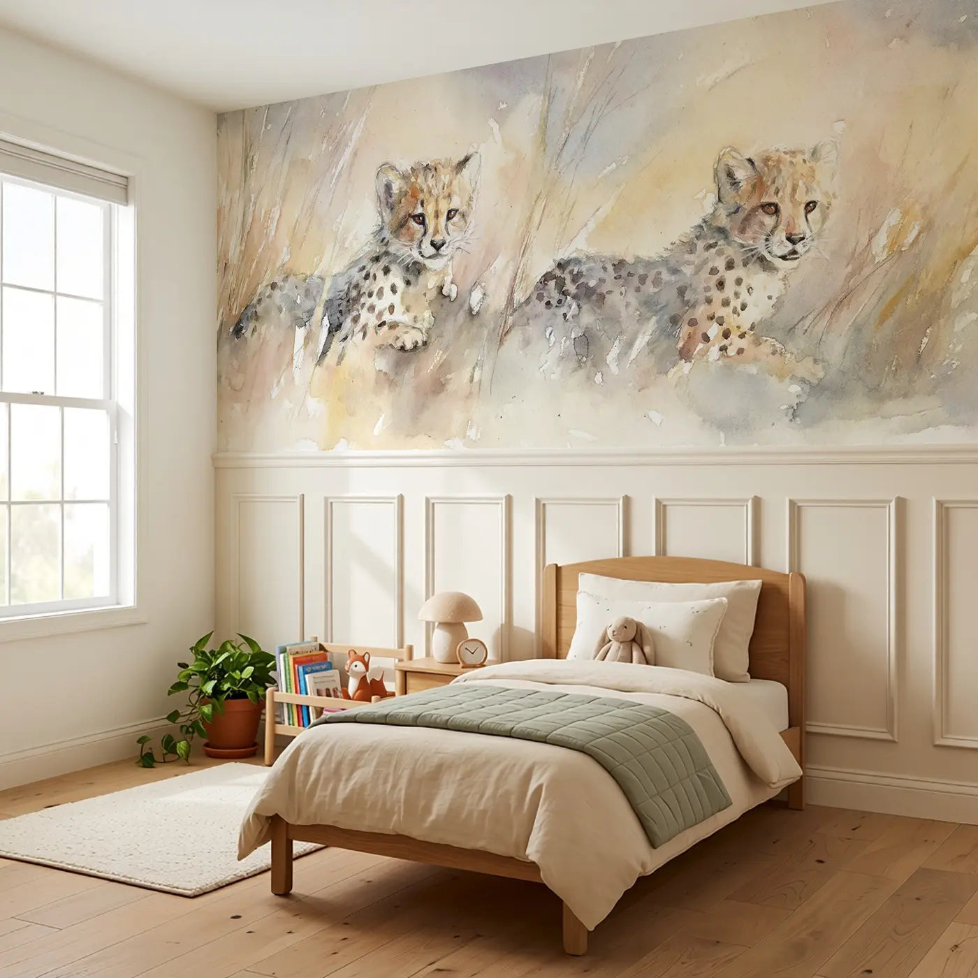 Cheetah Cub Tall Grass Play Wainscoting Wallpaper styled in a kids bedroom by Whimsy Tots