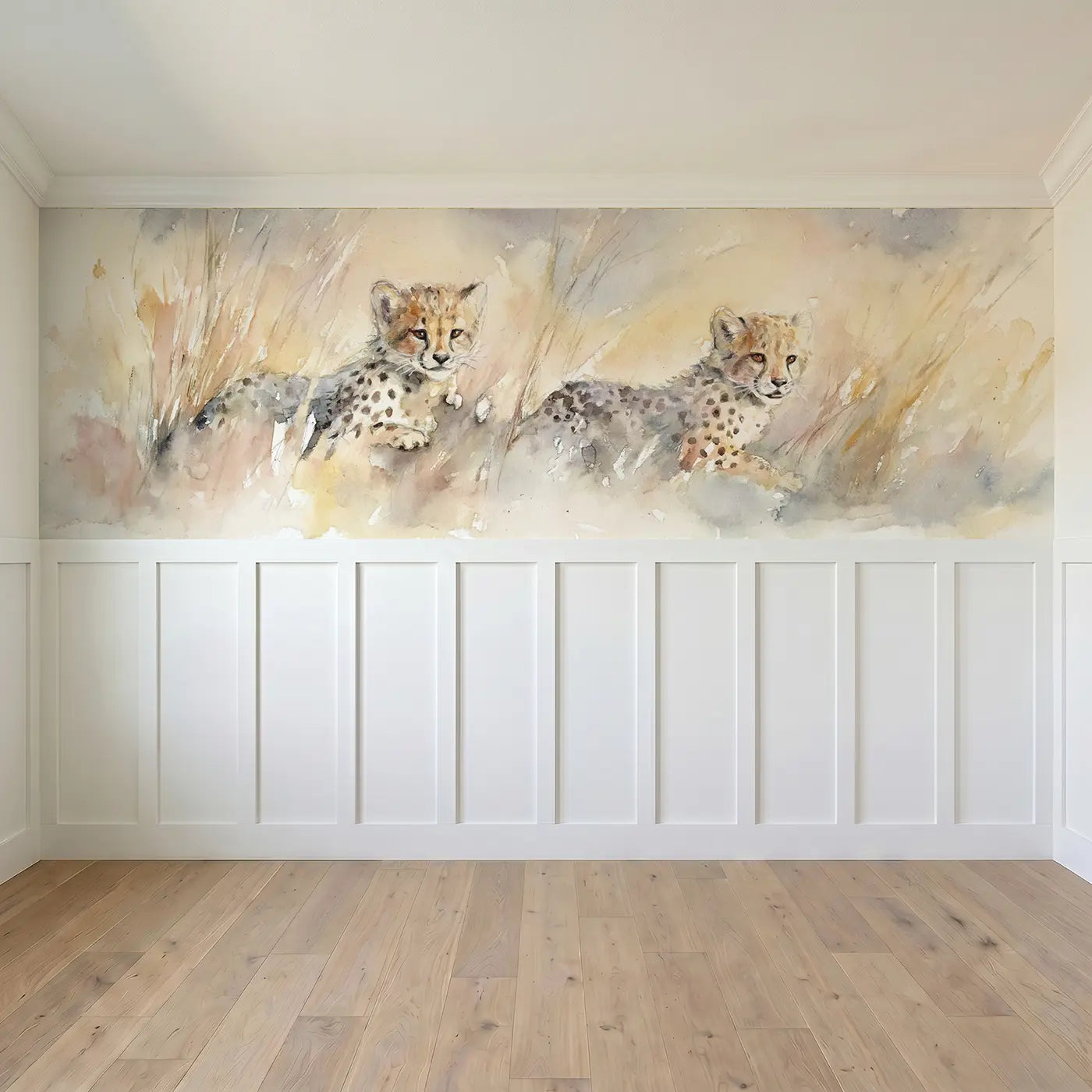 Full panel view of Cheetah Cub Tall Grass Play Wainscoting Wallpaper by Whimsy Tots