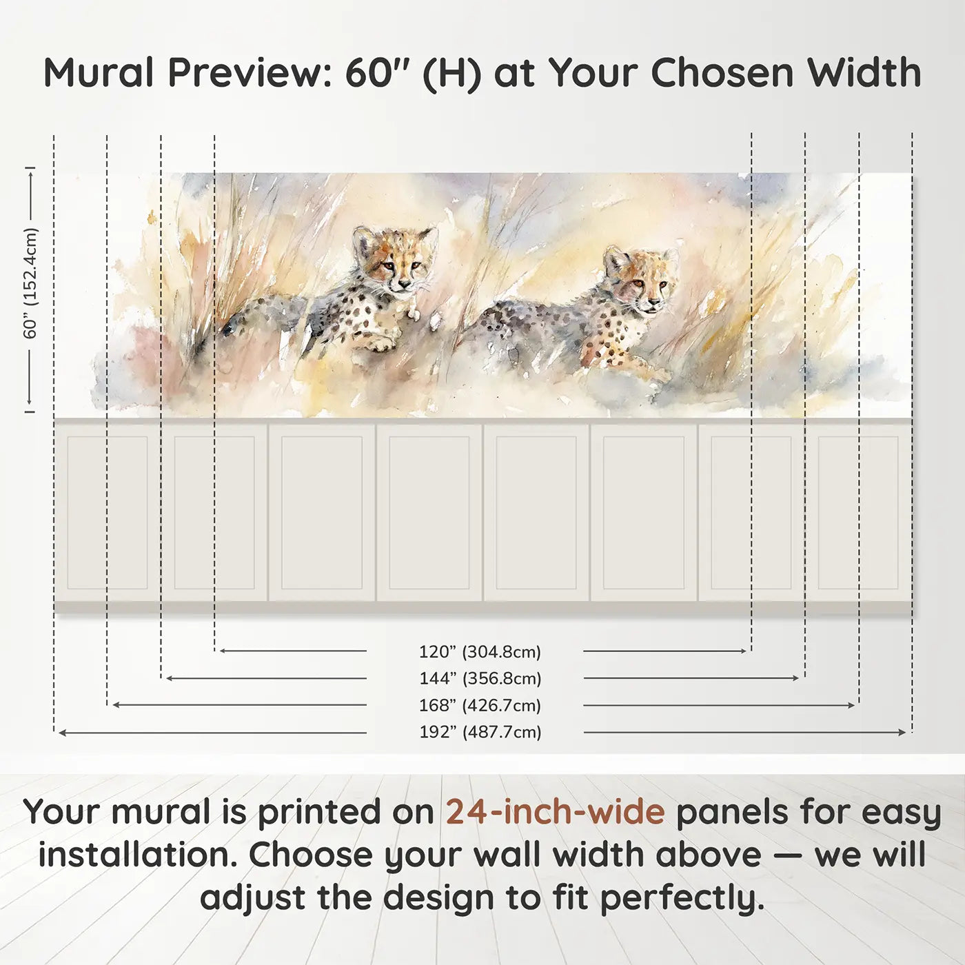 Panel dimensions for Cheetah Cub Tall Grass Play Wainscoting Wallpaper by Whimsy Tots