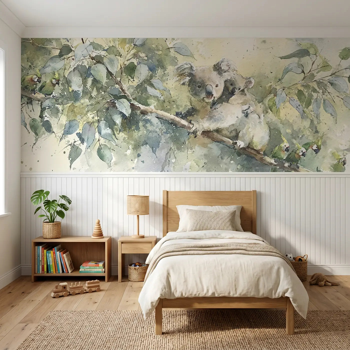 Watercolor koala eucalyptus branch rest wainscoting wallpaper for nursery by Whimsy Tots.
