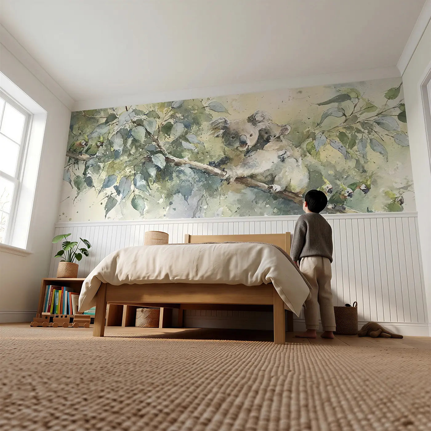 Child reading near Koala Eucalyptus Branch Rest Wainscoting Wallpaper by Whimsy Tots