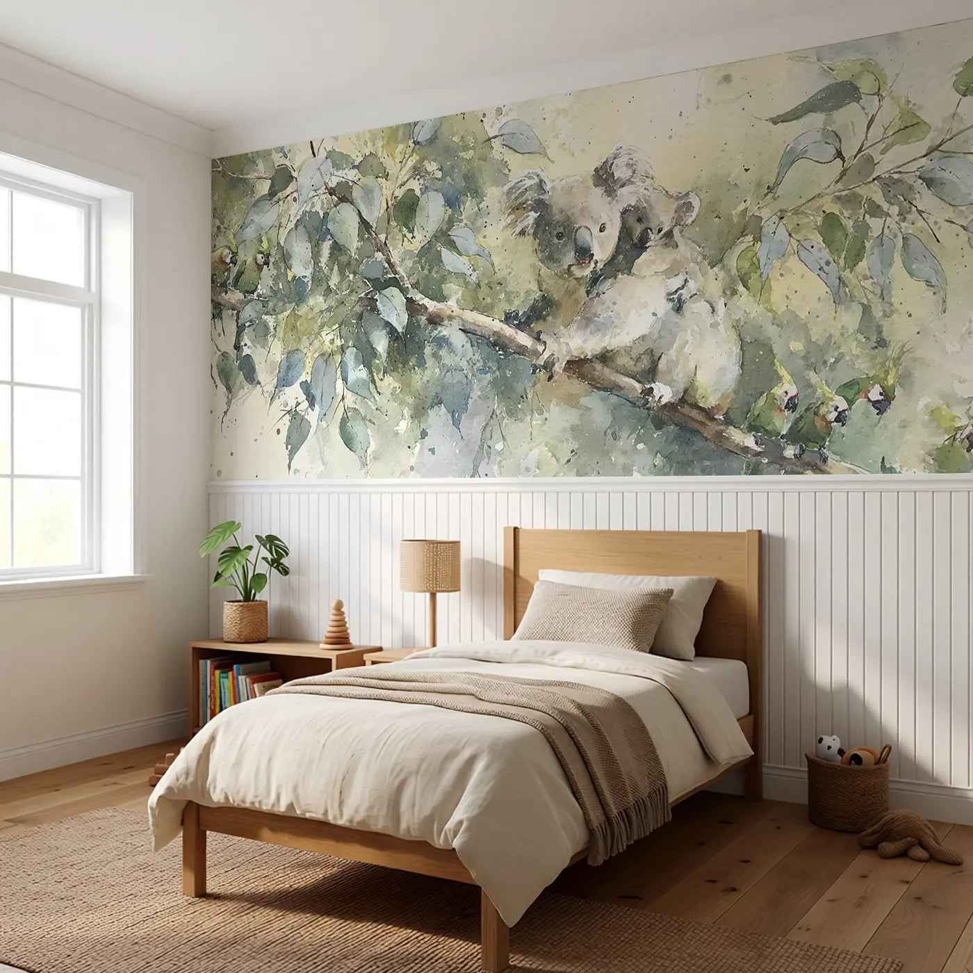 Koala Eucalyptus Branch Rest Wainscoting Wallpaper styled in a kids bedroom by Whimsy Tots