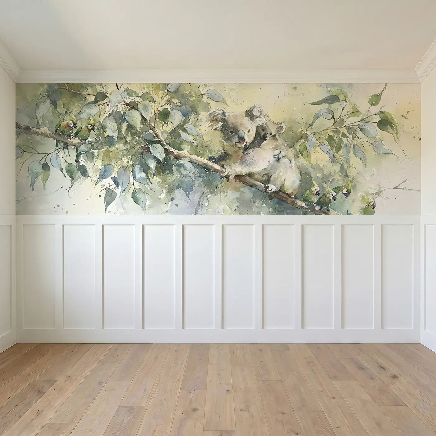 Full panel view of Koala Eucalyptus Branch Rest Wainscoting Wallpaper by Whimsy Tots