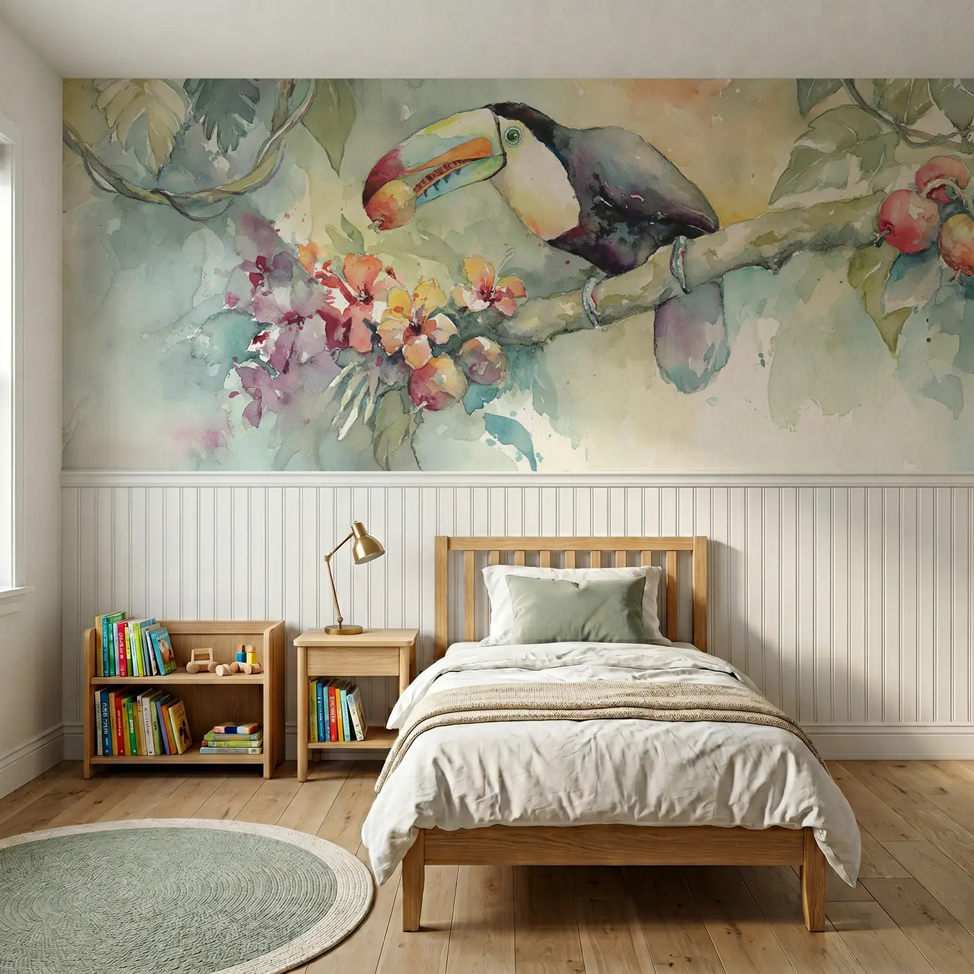 Watercolor toucan rainforest fruit morning wainscoting wallpaper for bedroom by Whimsy Tots.
